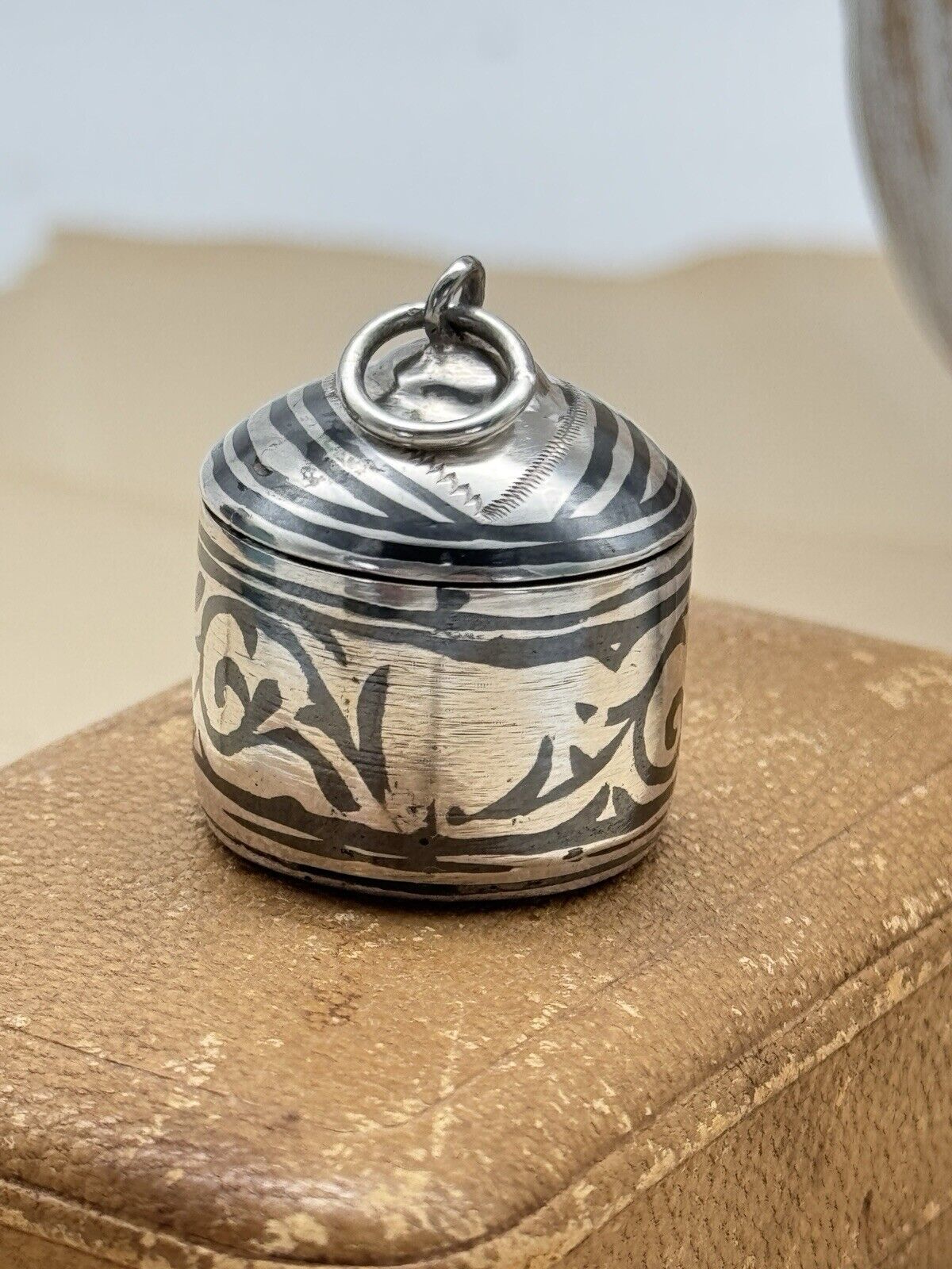 Vintage Silvertone Damascene Charm Prayer Box ARTISAN Made