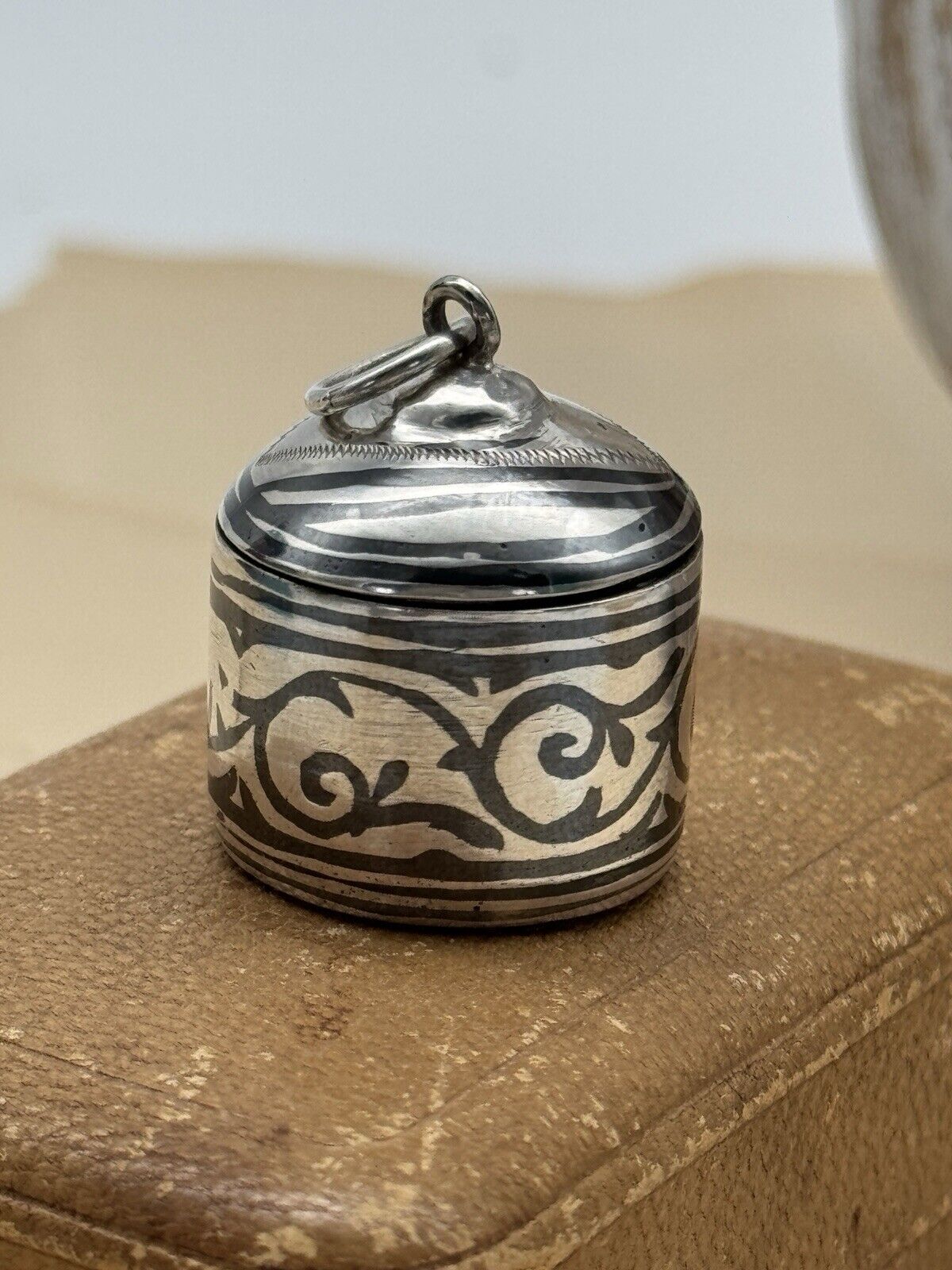 Vintage Silvertone Damascene Charm Prayer Box ARTISAN Made