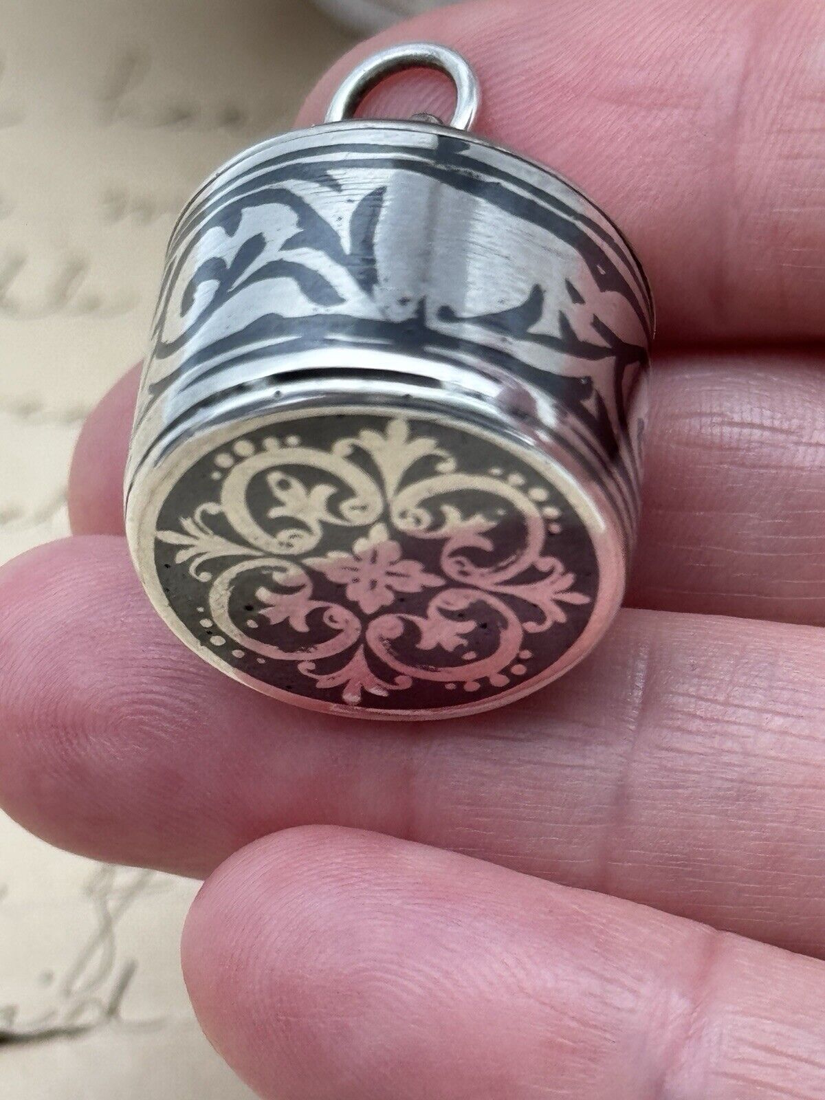 Vintage Silvertone Damascene Charm Prayer Box ARTISAN Made