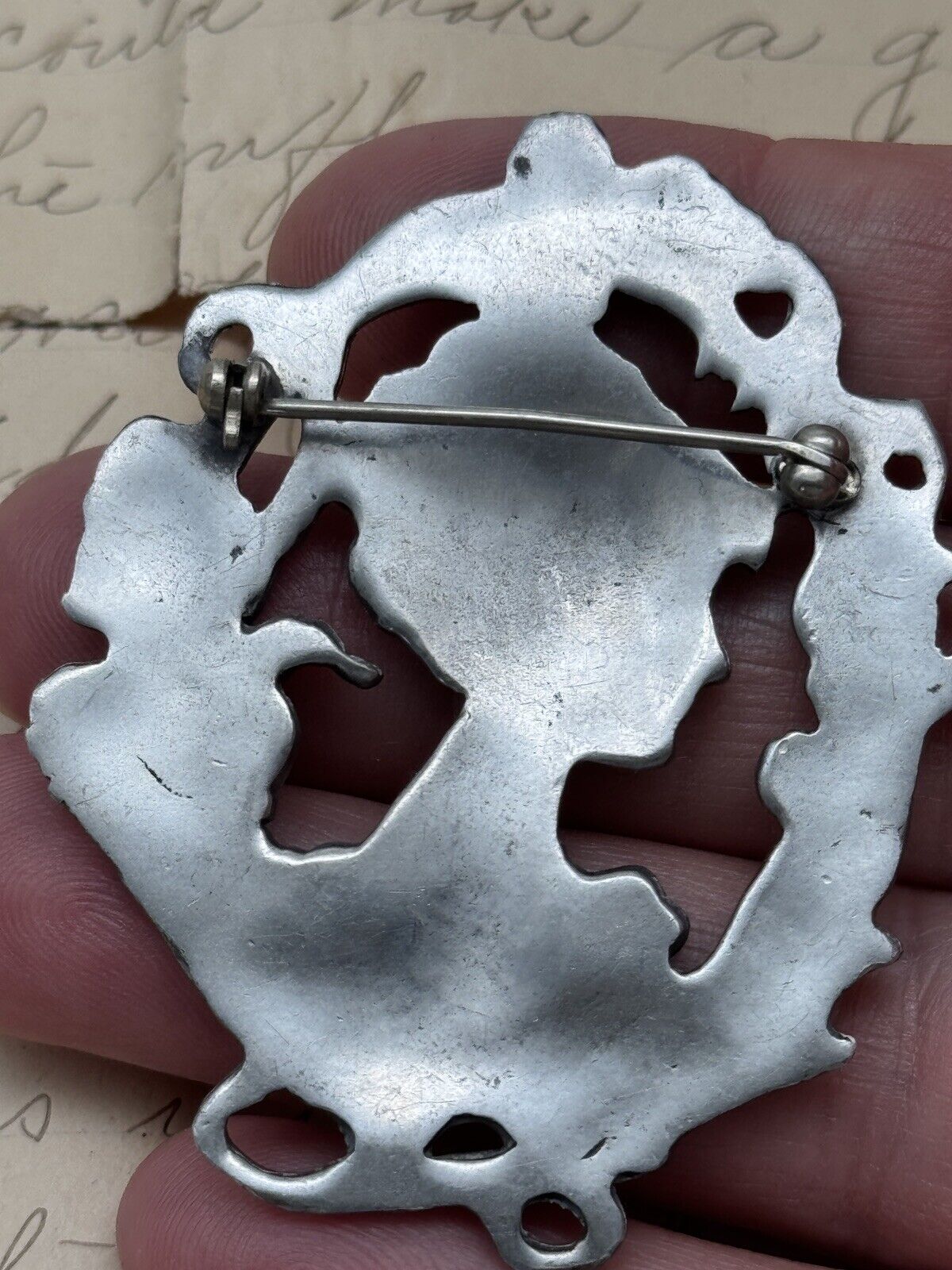 Art Nouveau Style Cameo Brooch Silvertone Metal