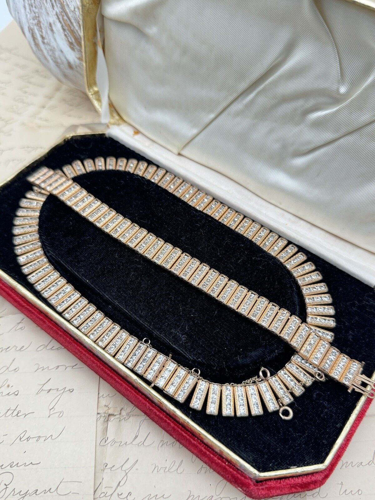 Vintage CATAMORE Gold Filled 12k Diamanté Jewelry Set Case Necklace & Bracelet