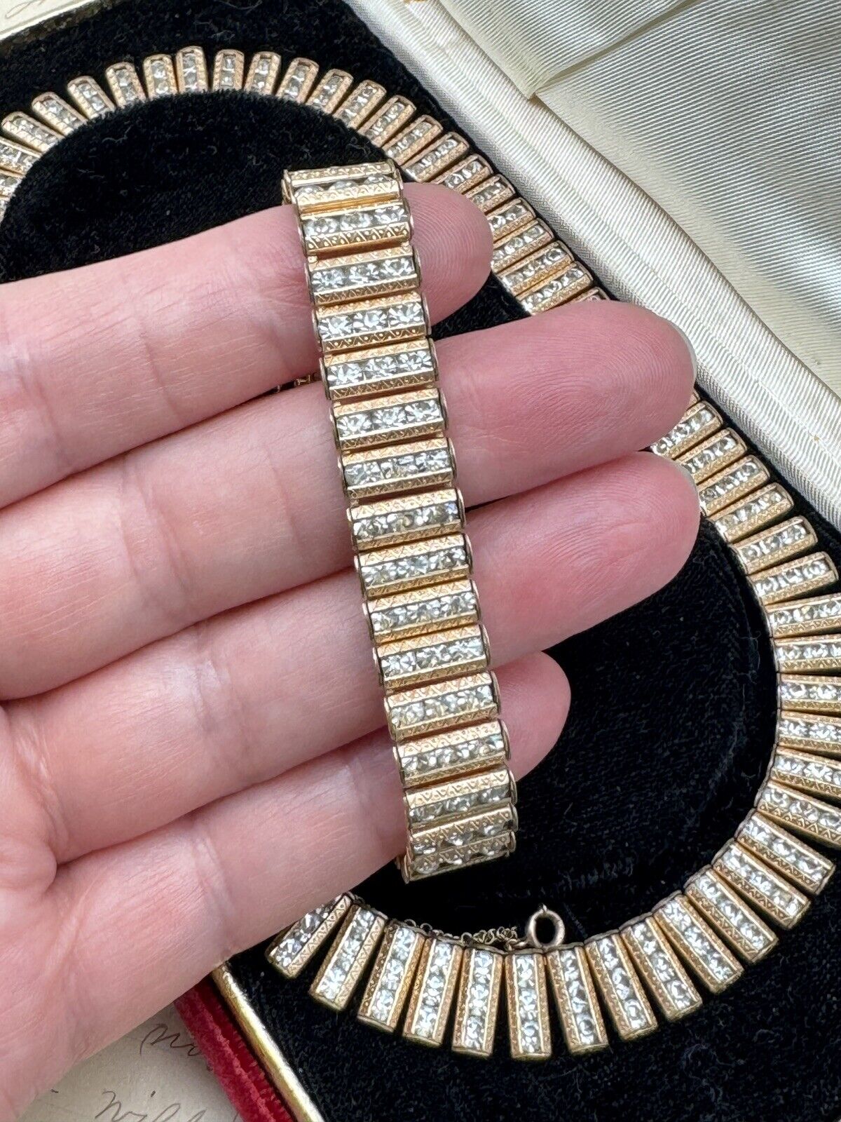 Vintage CATAMORE Gold Filled 12k Diamanté Jewelry Set Case Necklace & Bracelet