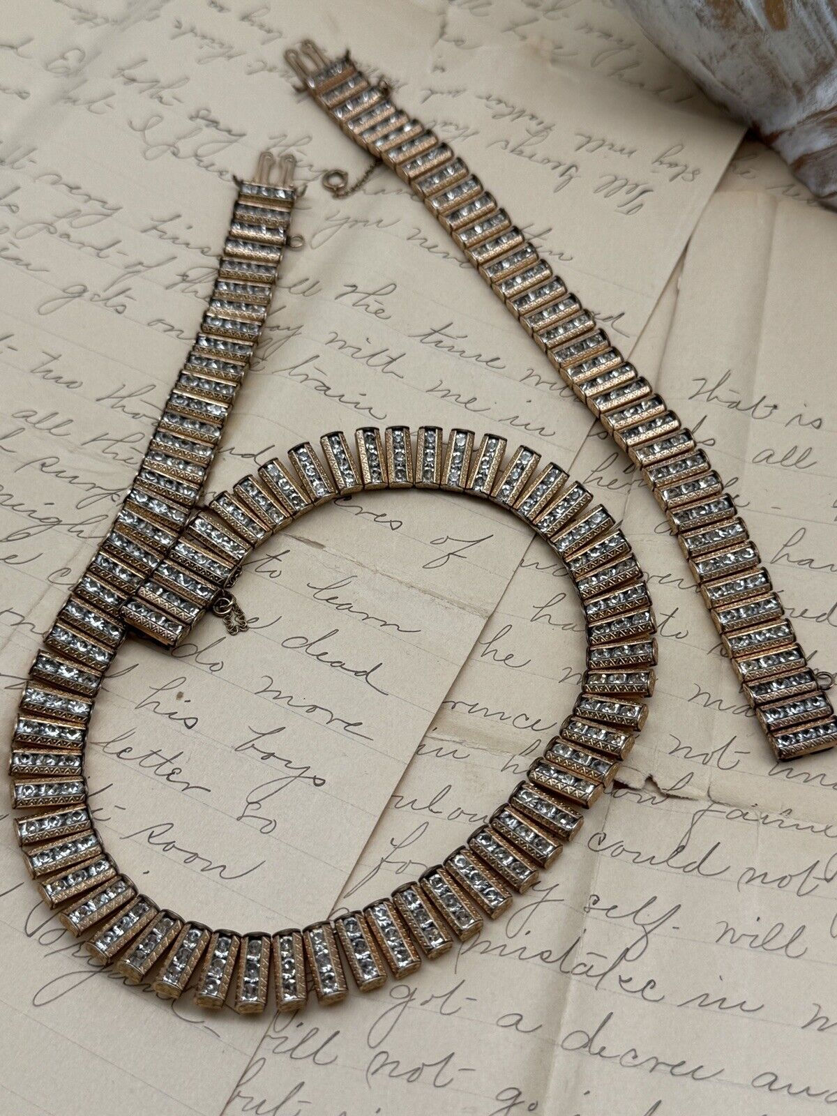 Vintage CATAMORE Gold Filled 12k Diamanté Jewelry Set Case Necklace & Bracelet