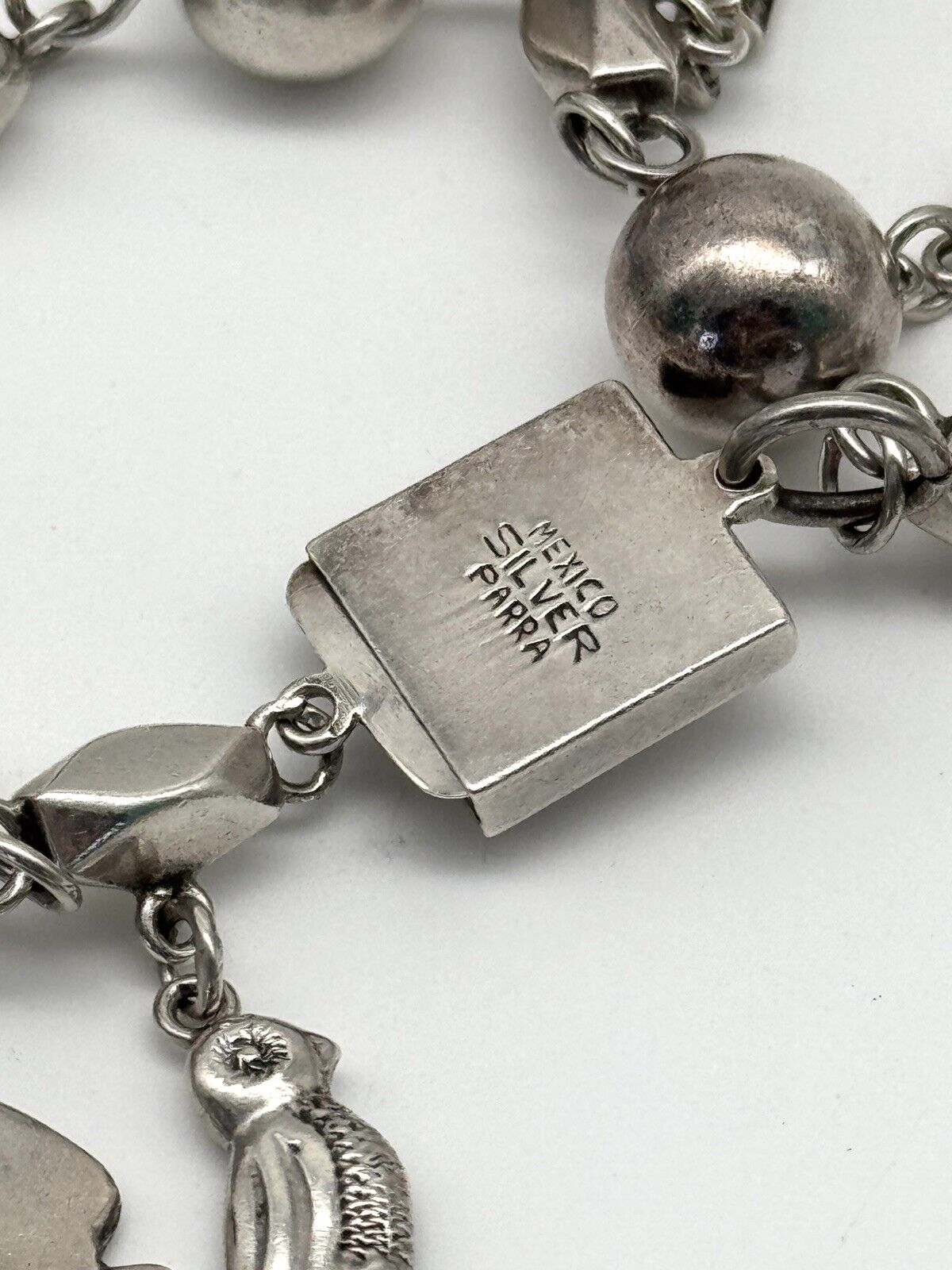 Vintage Mexico PARRA Sterling 9 Original Charms Heavy Link Bracelet 6.25+