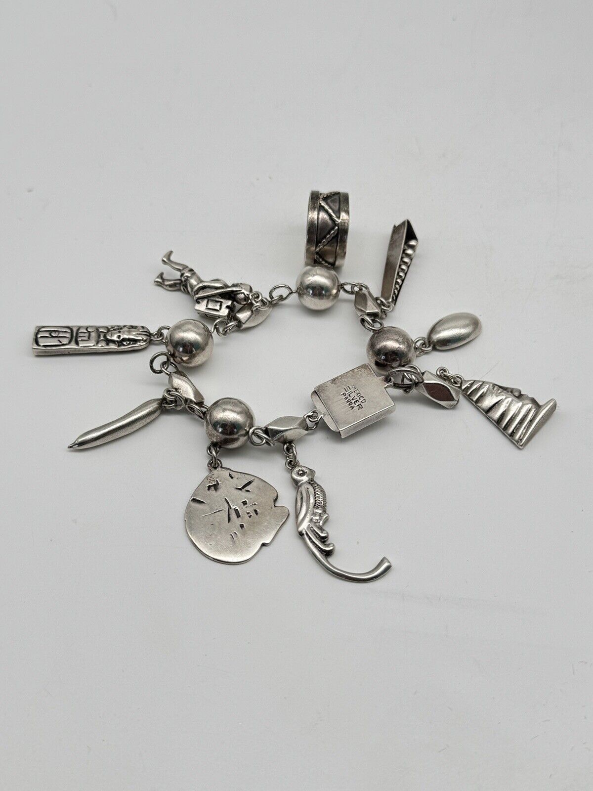 Vintage Mexico PARRA Sterling 9 Original Charms Heavy Link Bracelet 6.25+