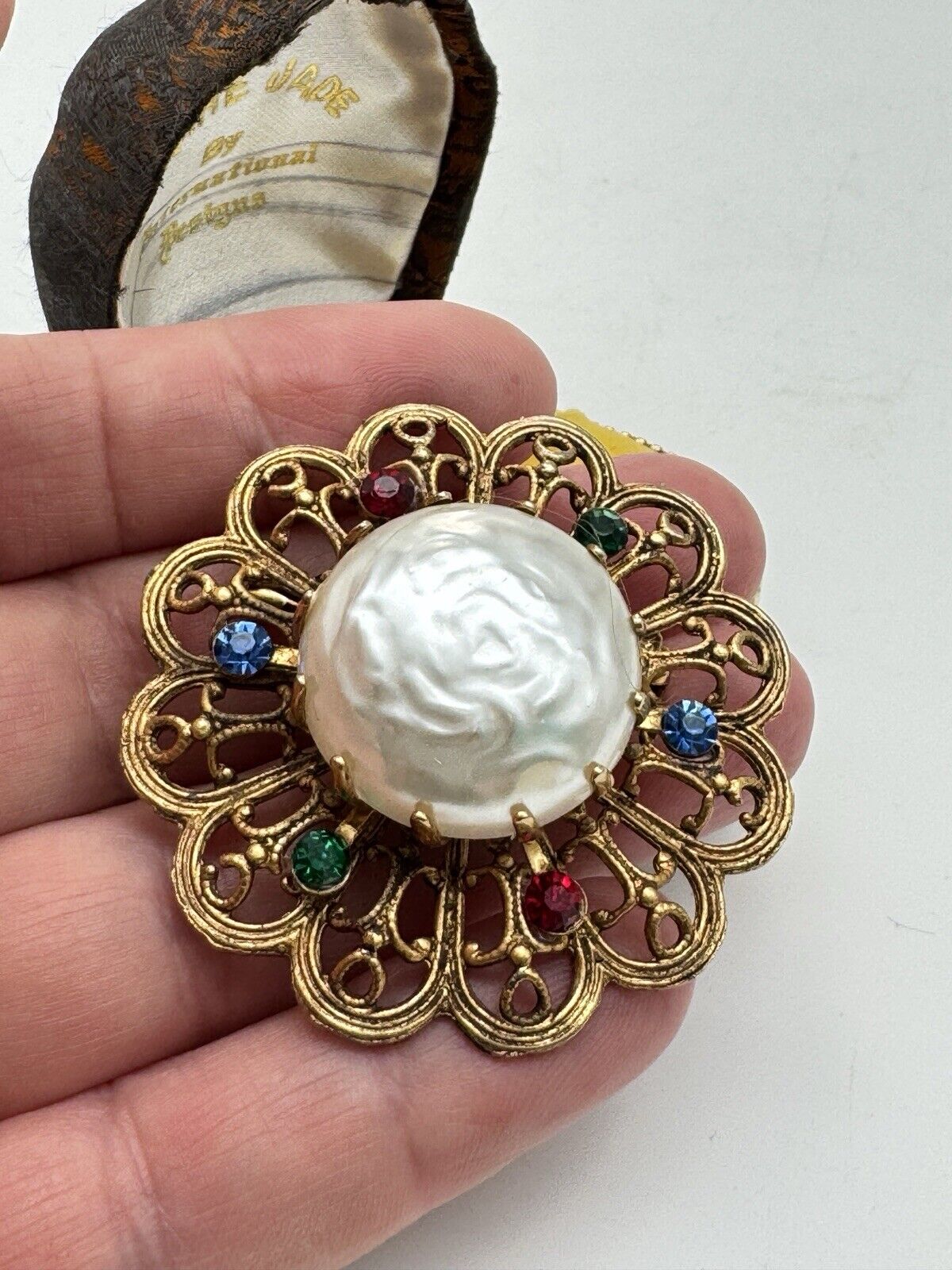 Vintage Faux Pearl Rhinestone Goldtone Brooch