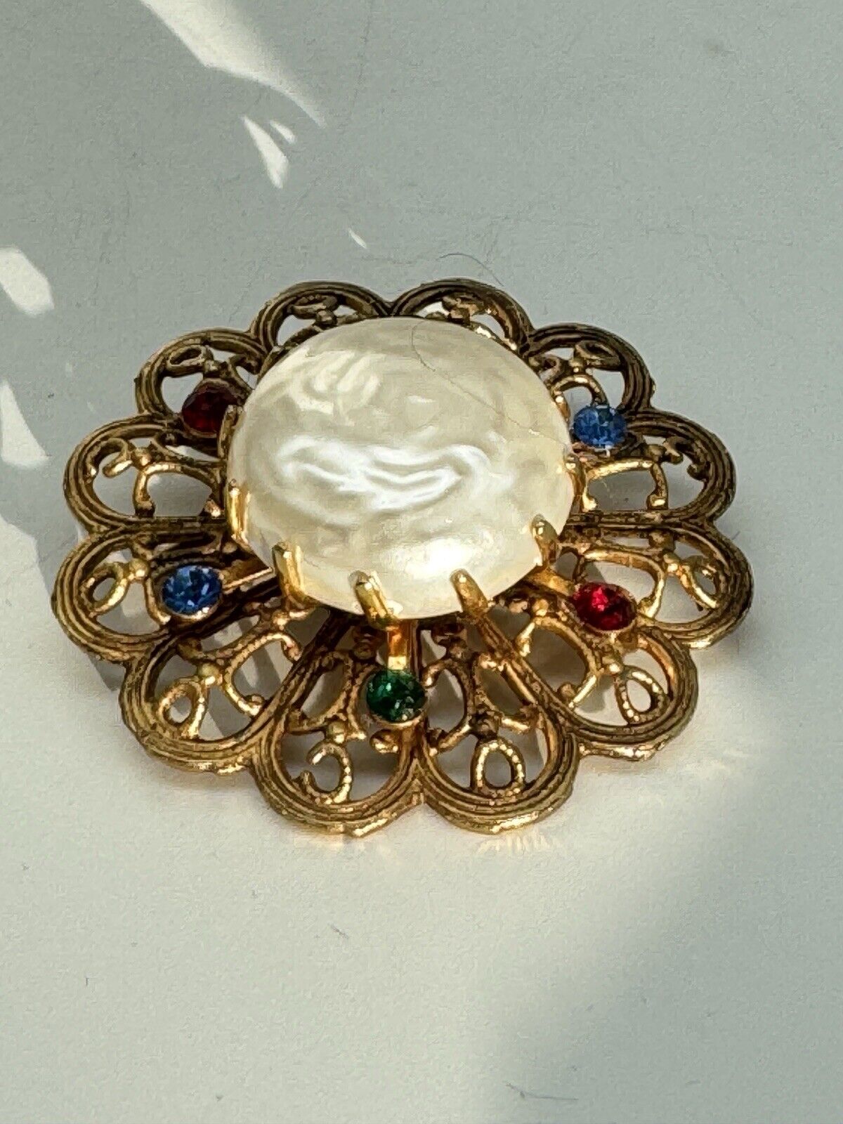 Vintage Faux Pearl Rhinestone Goldtone Brooch
