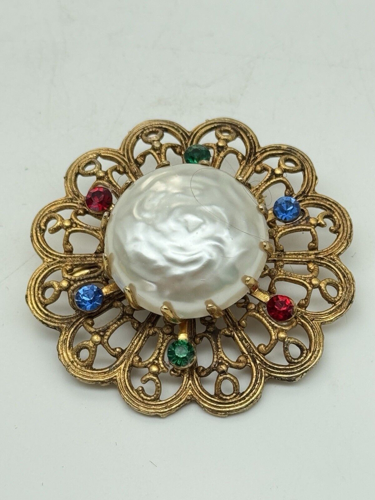 Vintage Faux Pearl Rhinestone Goldtone Brooch