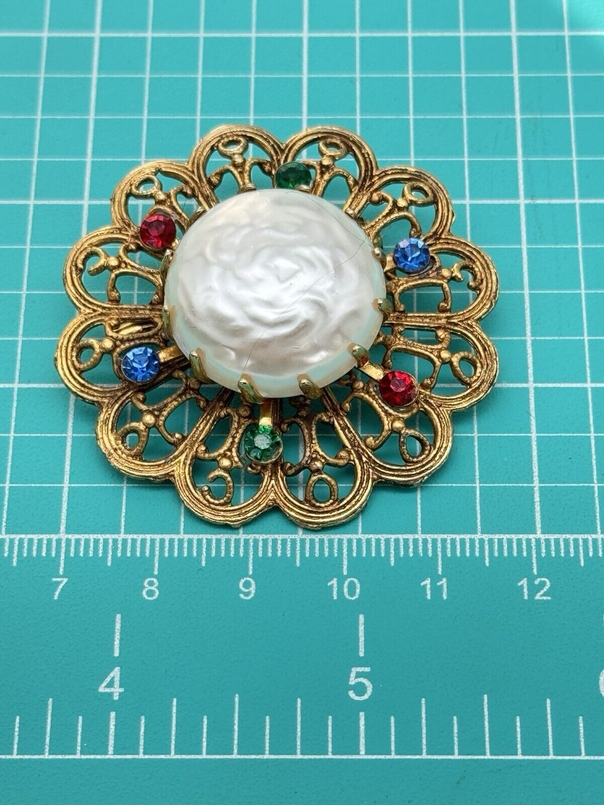 Vintage Faux Pearl Rhinestone Goldtone Brooch