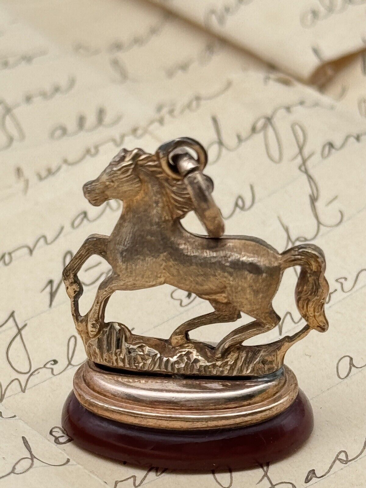 Antique Horse Watch Fob On Carnelian Base Victorian Rose Gold Filled