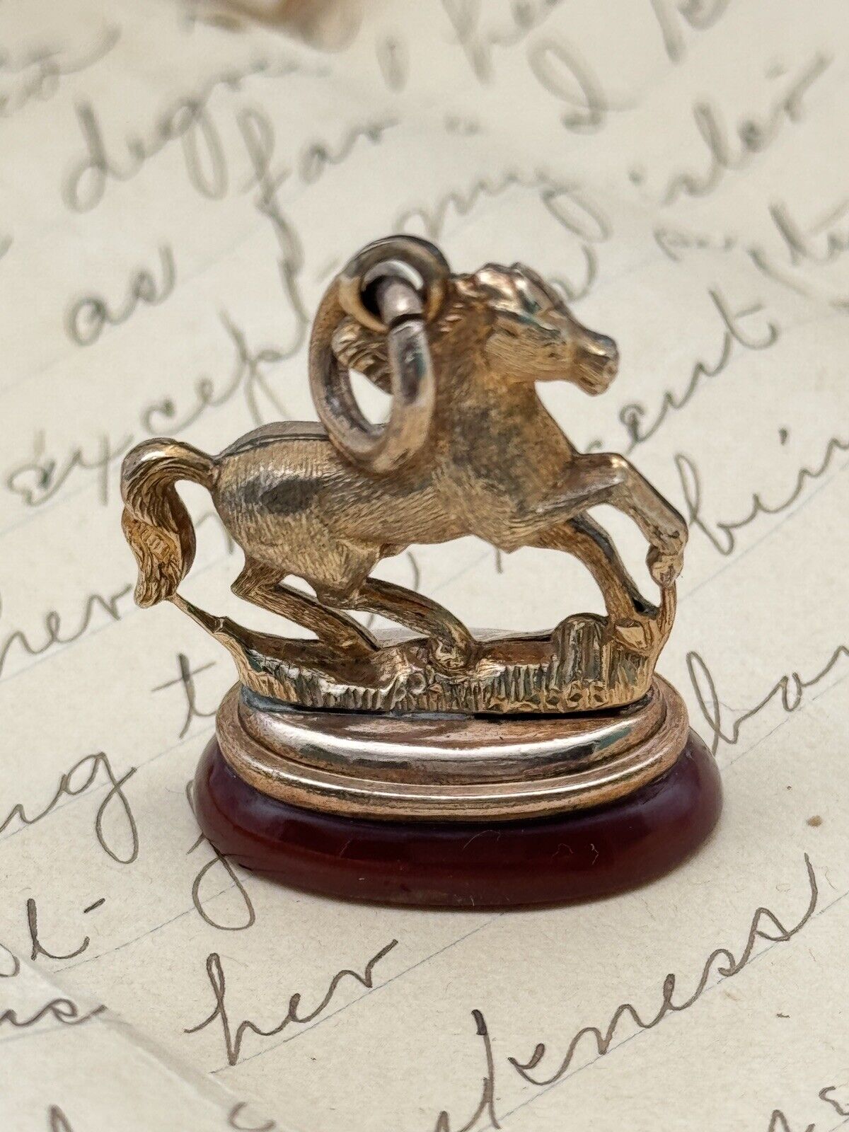 Antique Horse Watch Fob On Carnelian Base Victorian Rose Gold Filled