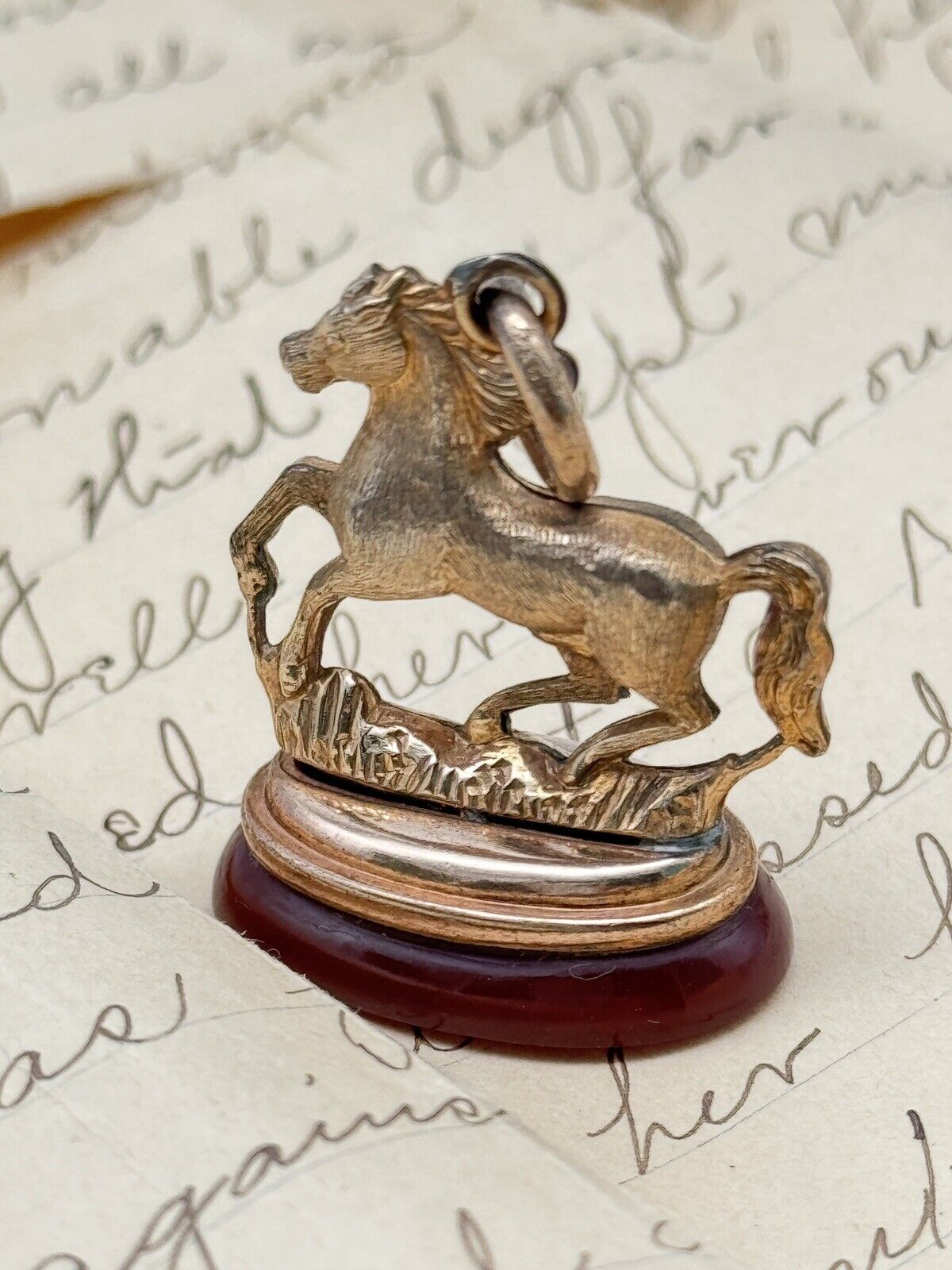 Antique Horse Watch Fob On Carnelian Base Victorian Rose Gold Filled
