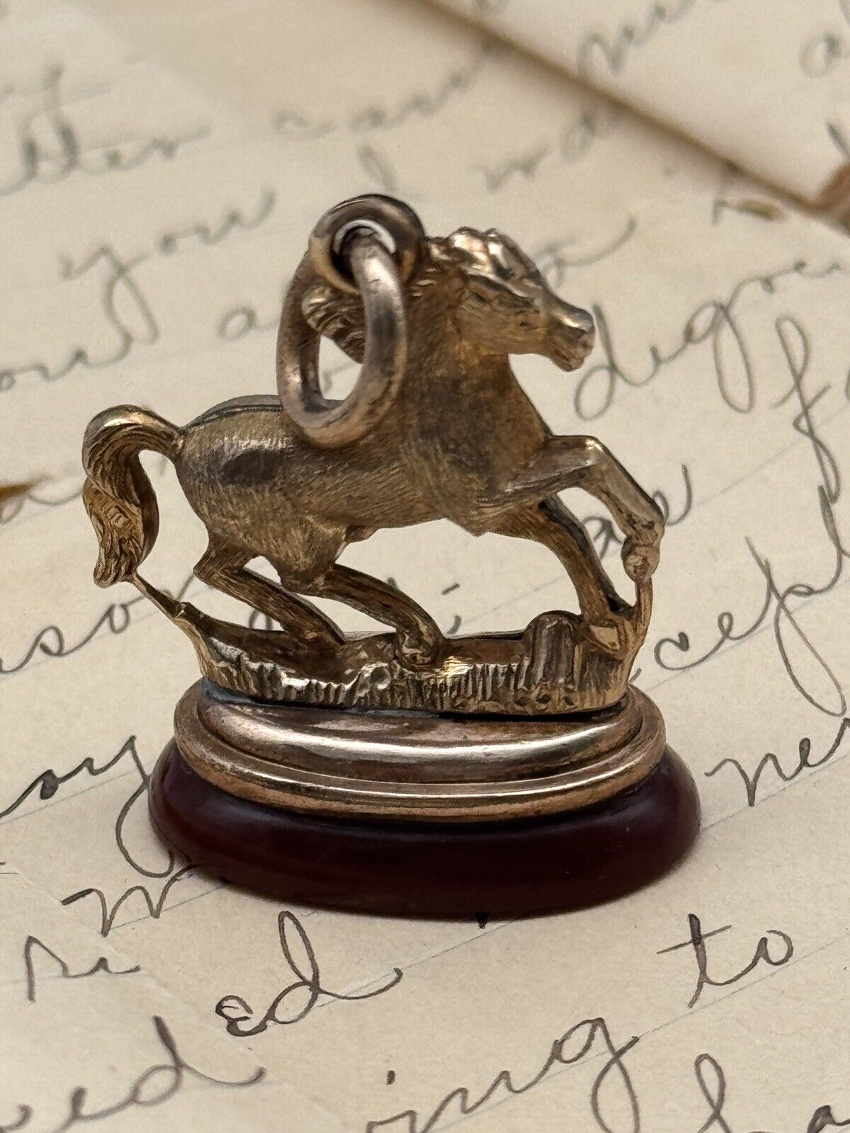 Antique Horse Watch Fob On Carnelian Base Victorian Rose Gold Filled