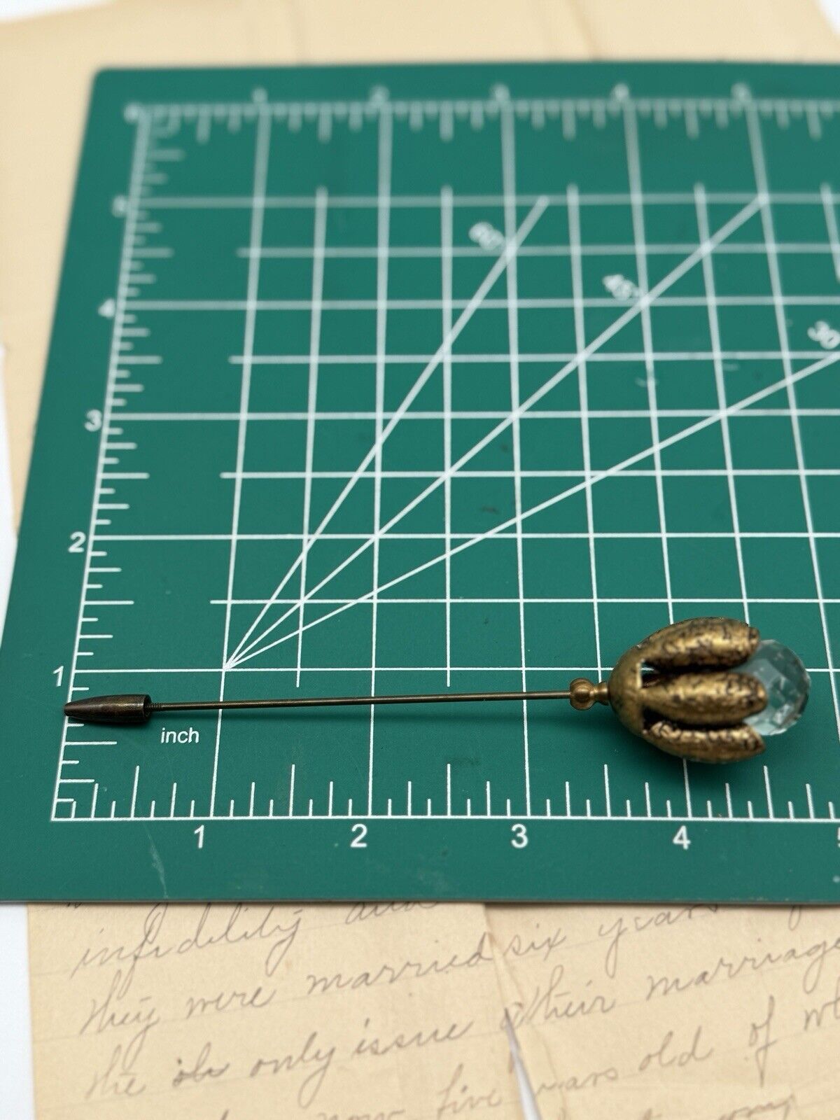 Antique Large Lapel Or Hat PIN Brass Flower Clear Crystal