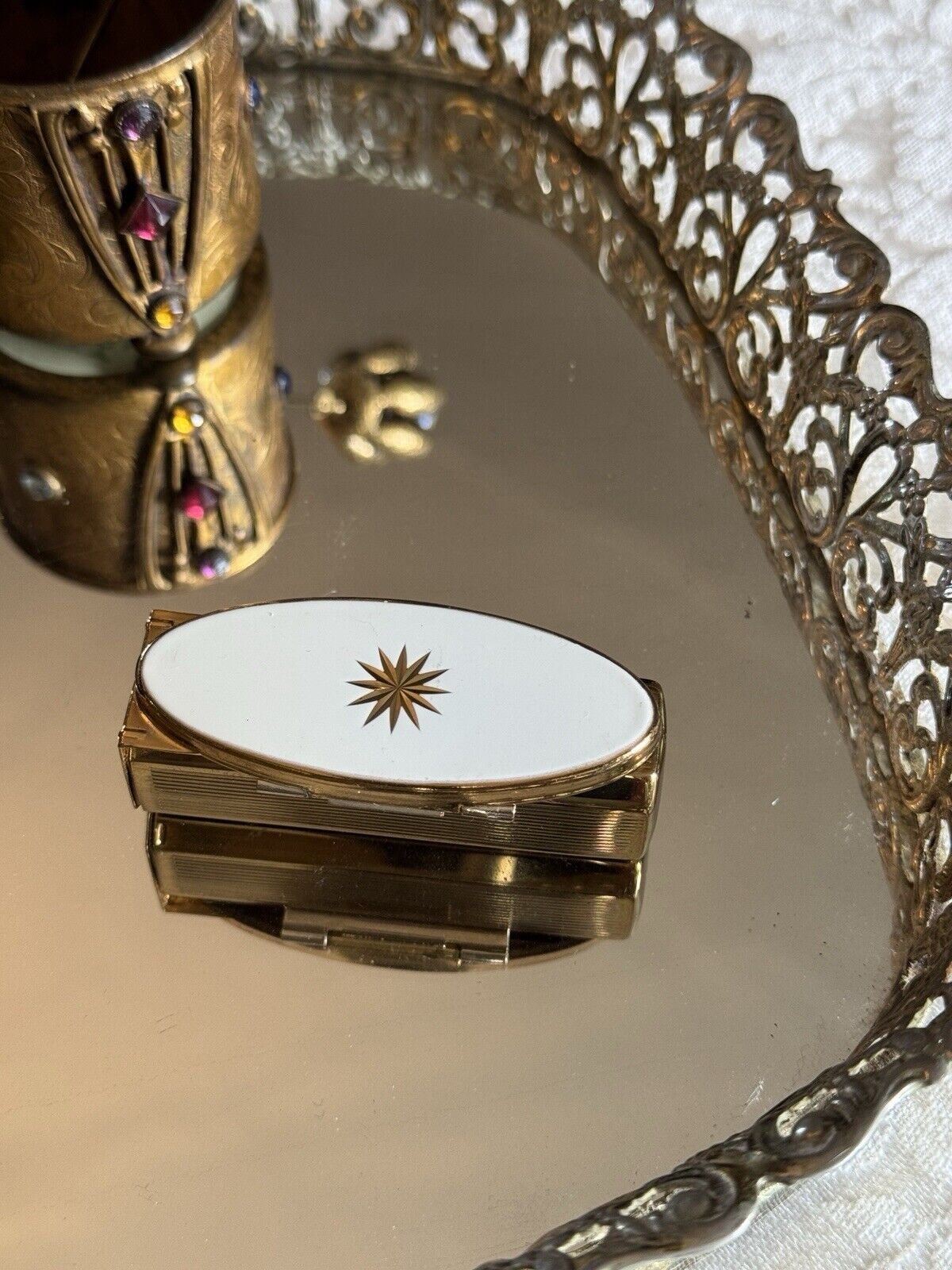Vintage Stratton Lipstick & Mirror Goldtone White Enamel