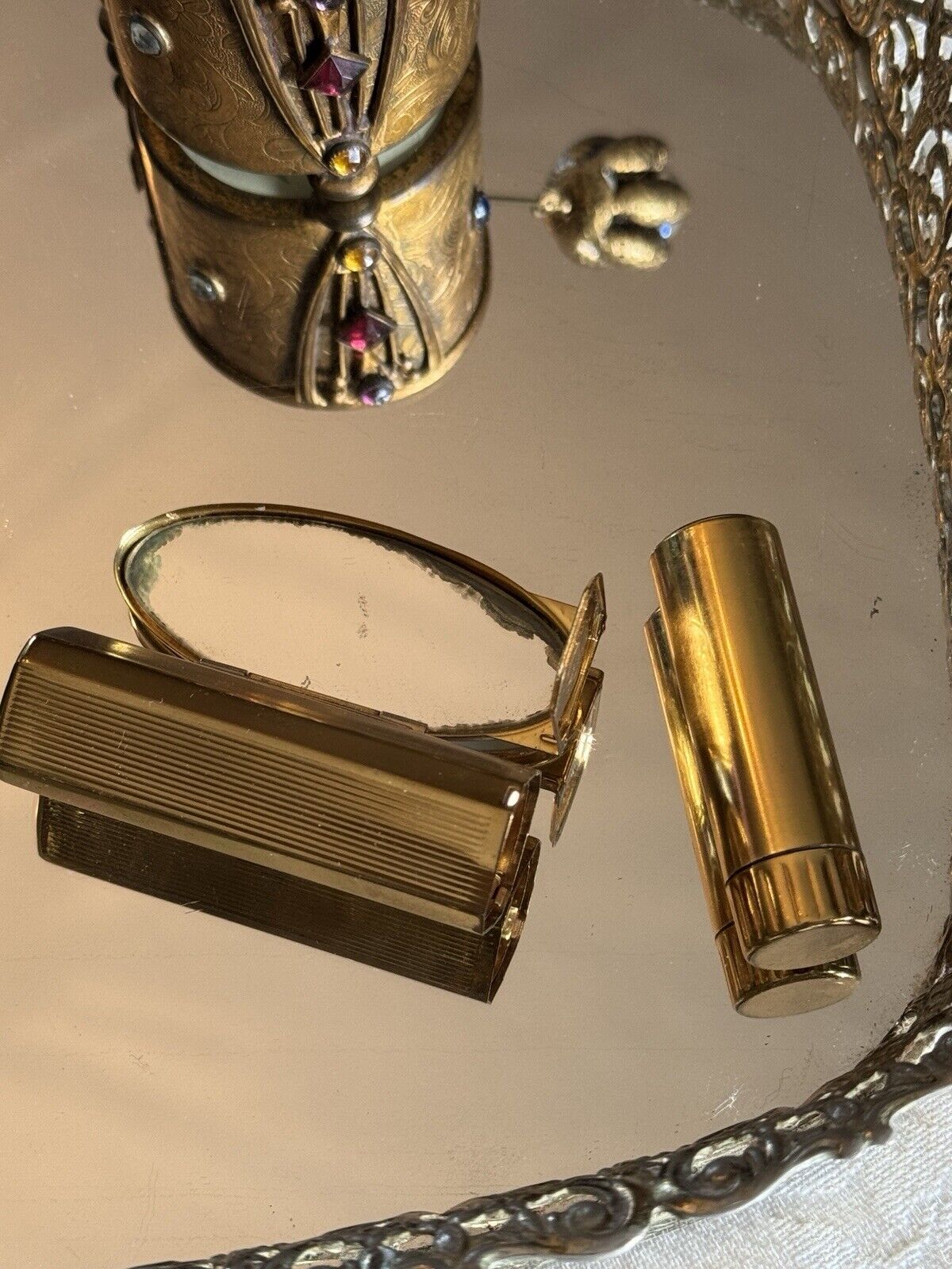 Vintage Stratton Lipstick & Mirror Goldtone White Enamel