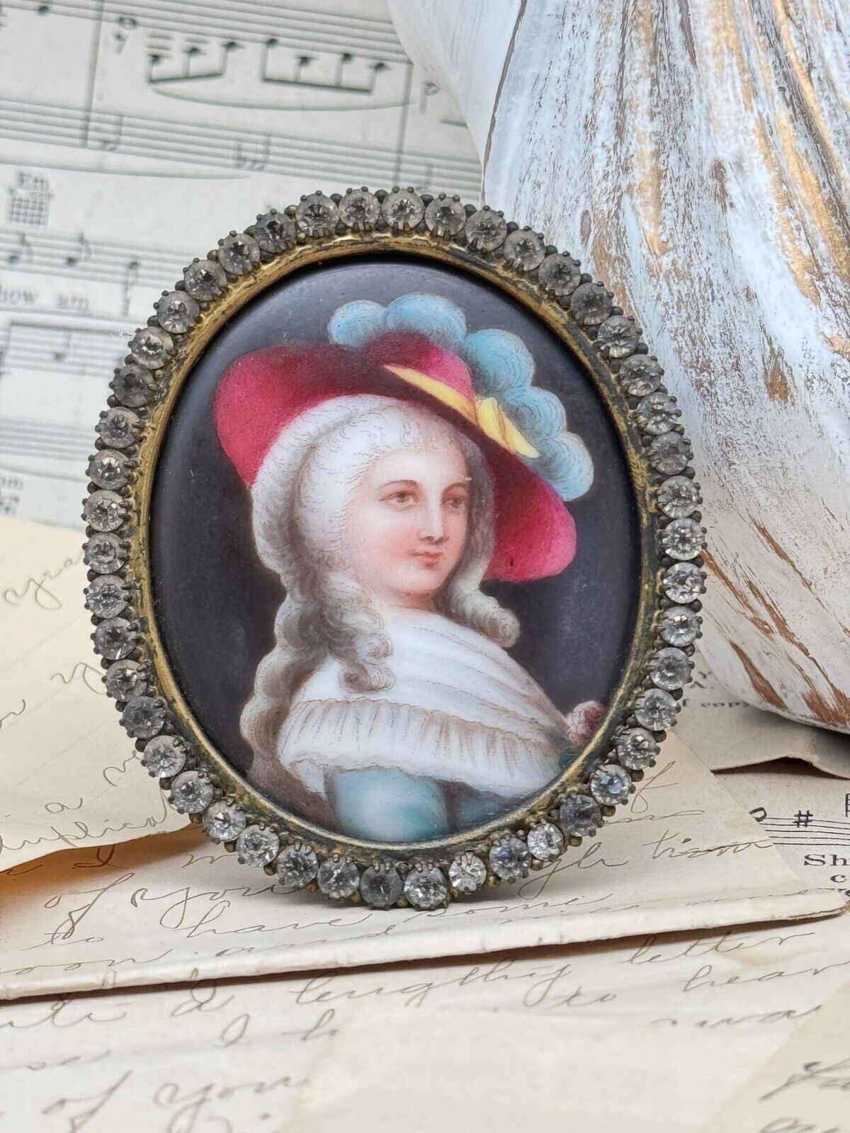 Antique French Style Miniature Lady With Hat In Brass Oval Frame Rhinestones