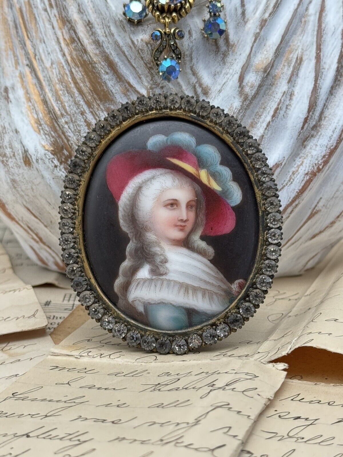 Antique French Style Miniature Lady With Hat In Brass Oval Frame Rhinestones