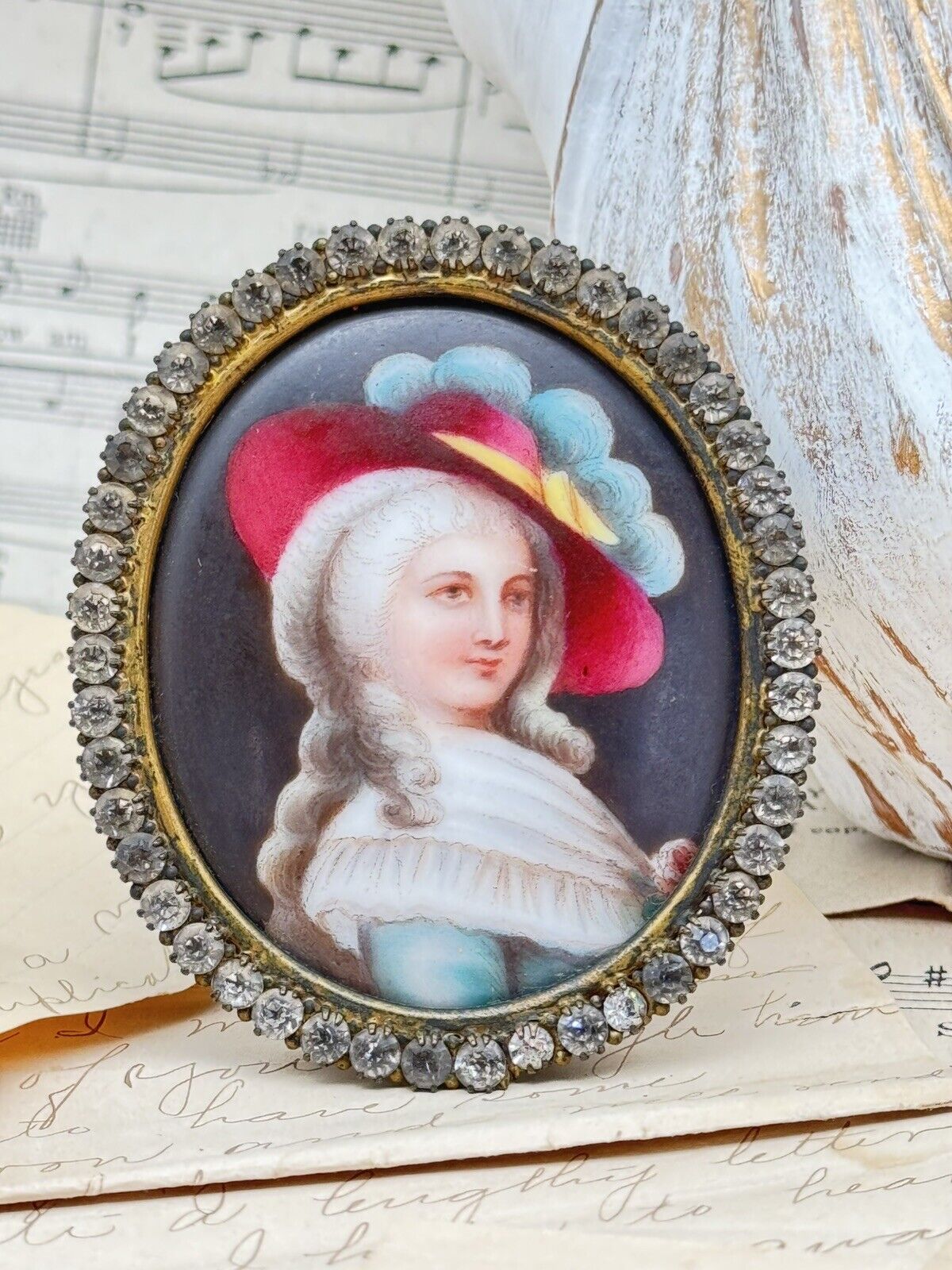 Antique French Style Miniature Lady With Hat In Brass Oval Frame Rhinestones