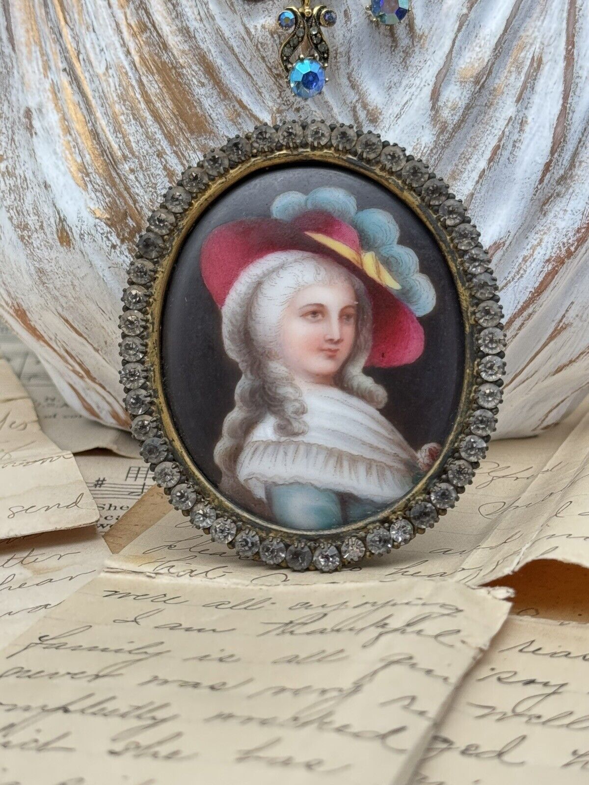 Antique French Style Miniature Lady With Hat In Brass Oval Frame Rhinestones