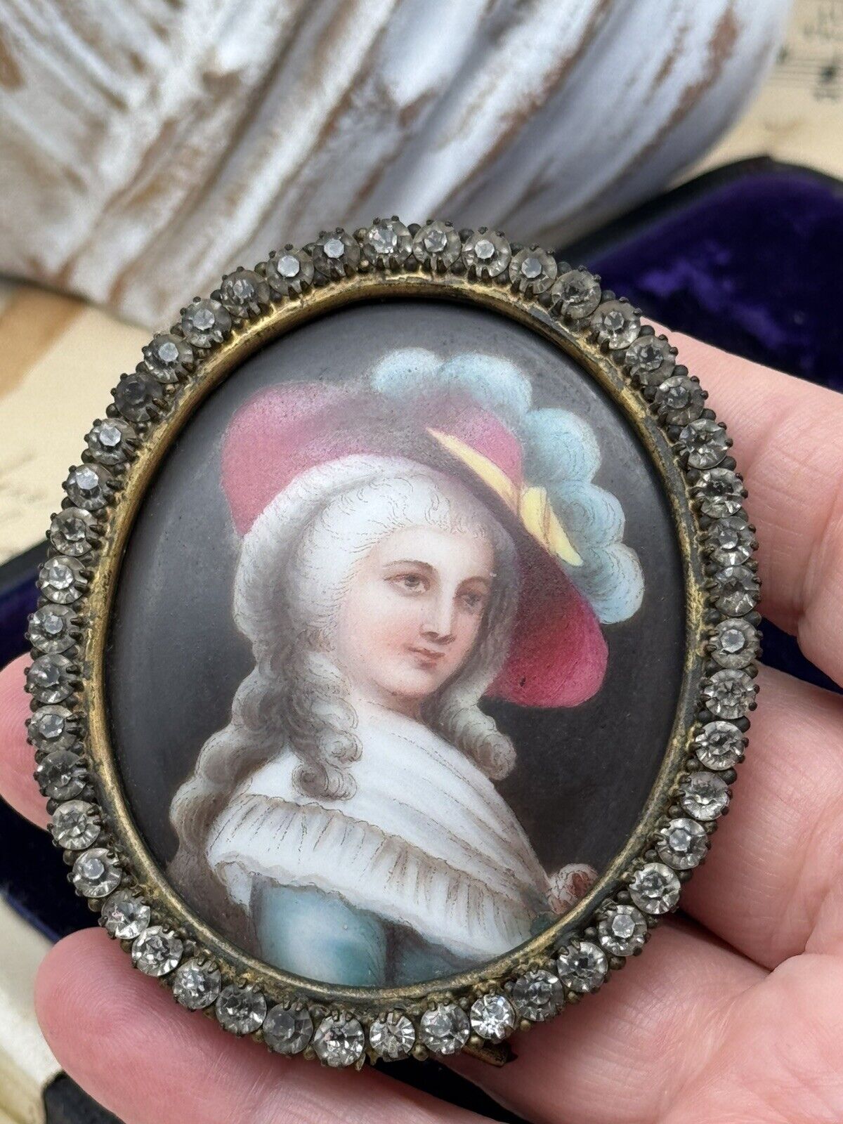 Antique French Style Miniature Lady With Hat In Brass Oval Frame Rhinestones