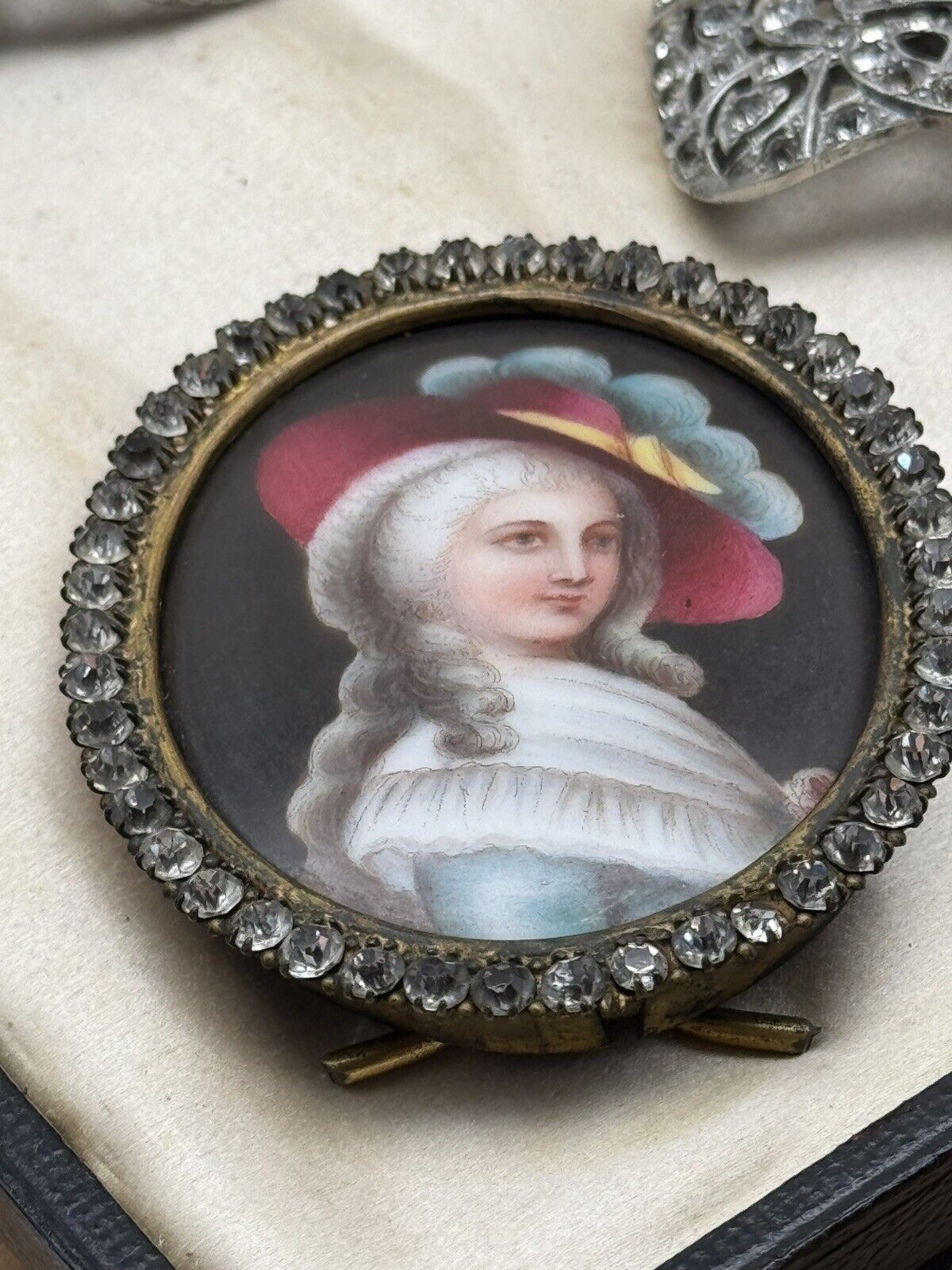 Antique French Style Miniature Lady With Hat In Brass Oval Frame Rhinestones