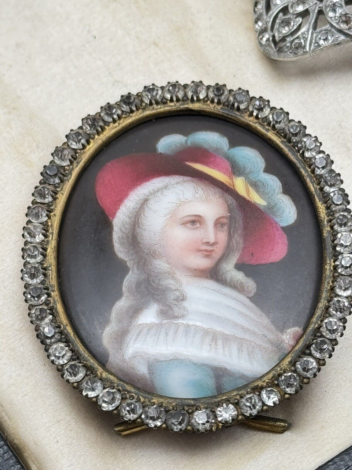 Antique French Style Miniature Lady With Hat In Brass Oval Frame Rhinestones