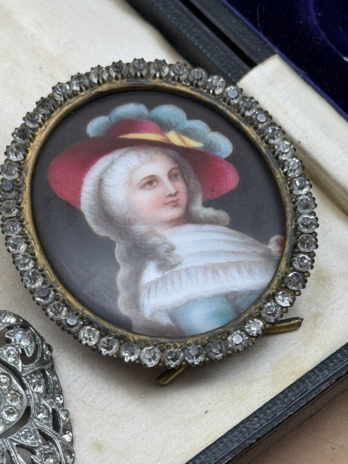 Antique French Style Miniature Lady With Hat In Brass Oval Frame Rhinestones
