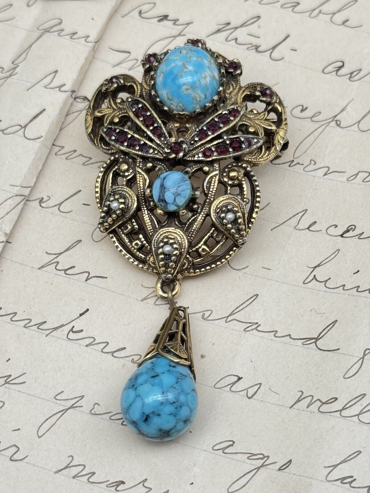 Vintage SIGNED Jeanne Dangler Brooch Faux Turquoise & Rhinestone Goldtone