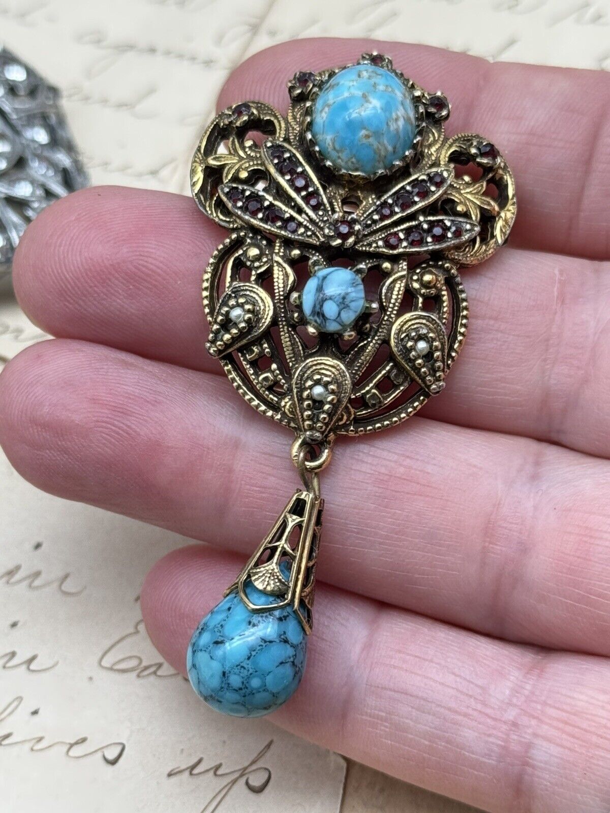 Vintage SIGNED Jeanne Dangler Brooch Faux Turquoise & Rhinestone Goldtone