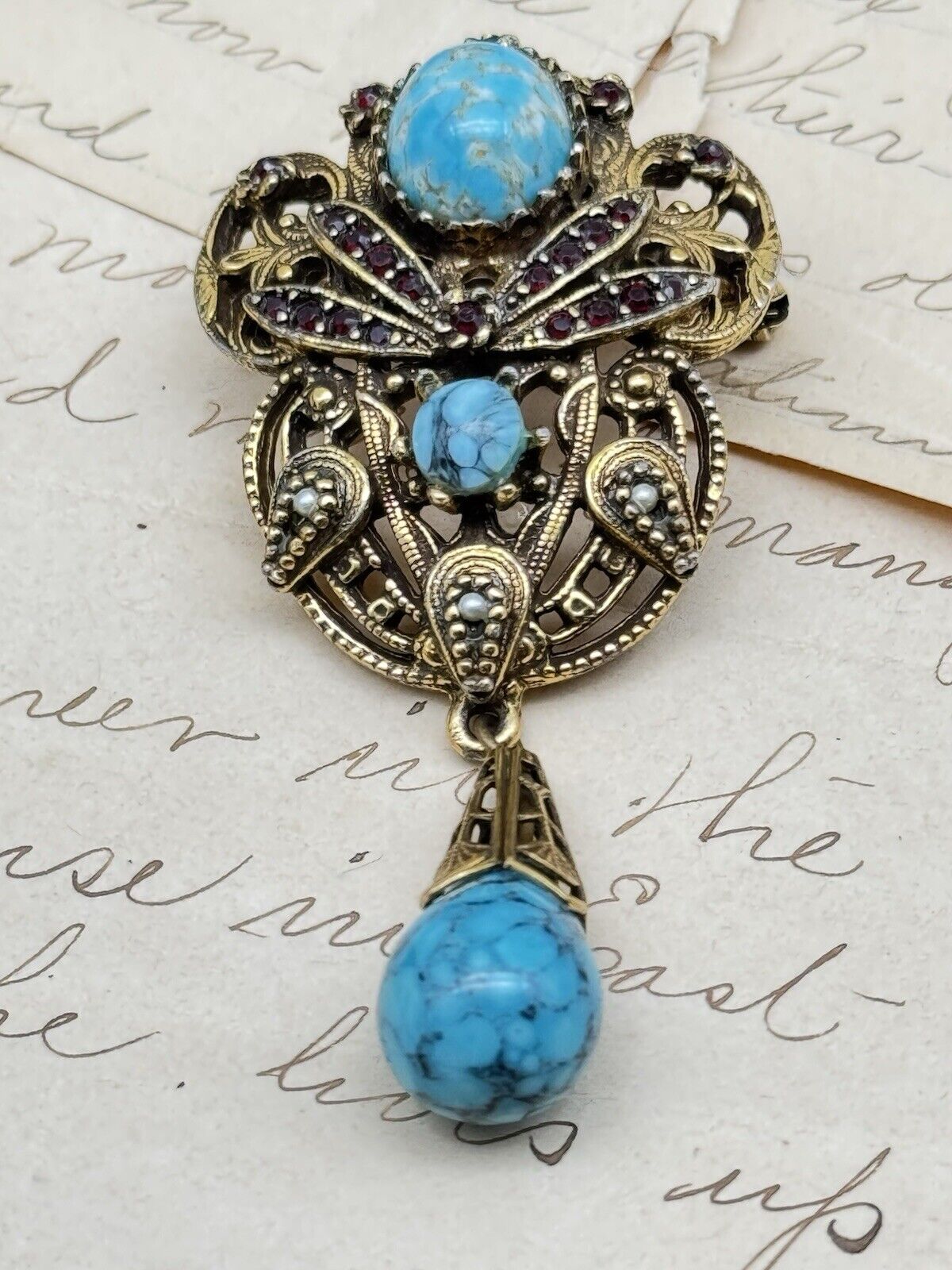 Vintage SIGNED Jeanne Dangler Brooch Faux Turquoise & Rhinestone Goldtone