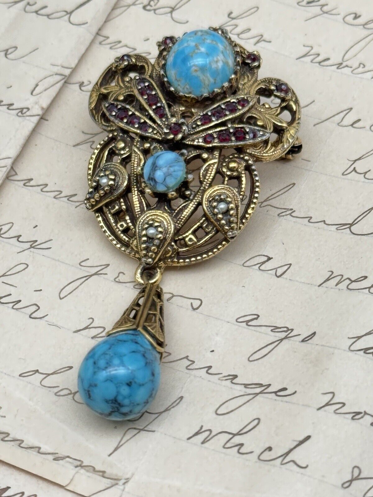 Vintage SIGNED Jeanne Dangler Brooch Faux Turquoise & Rhinestone Goldtone