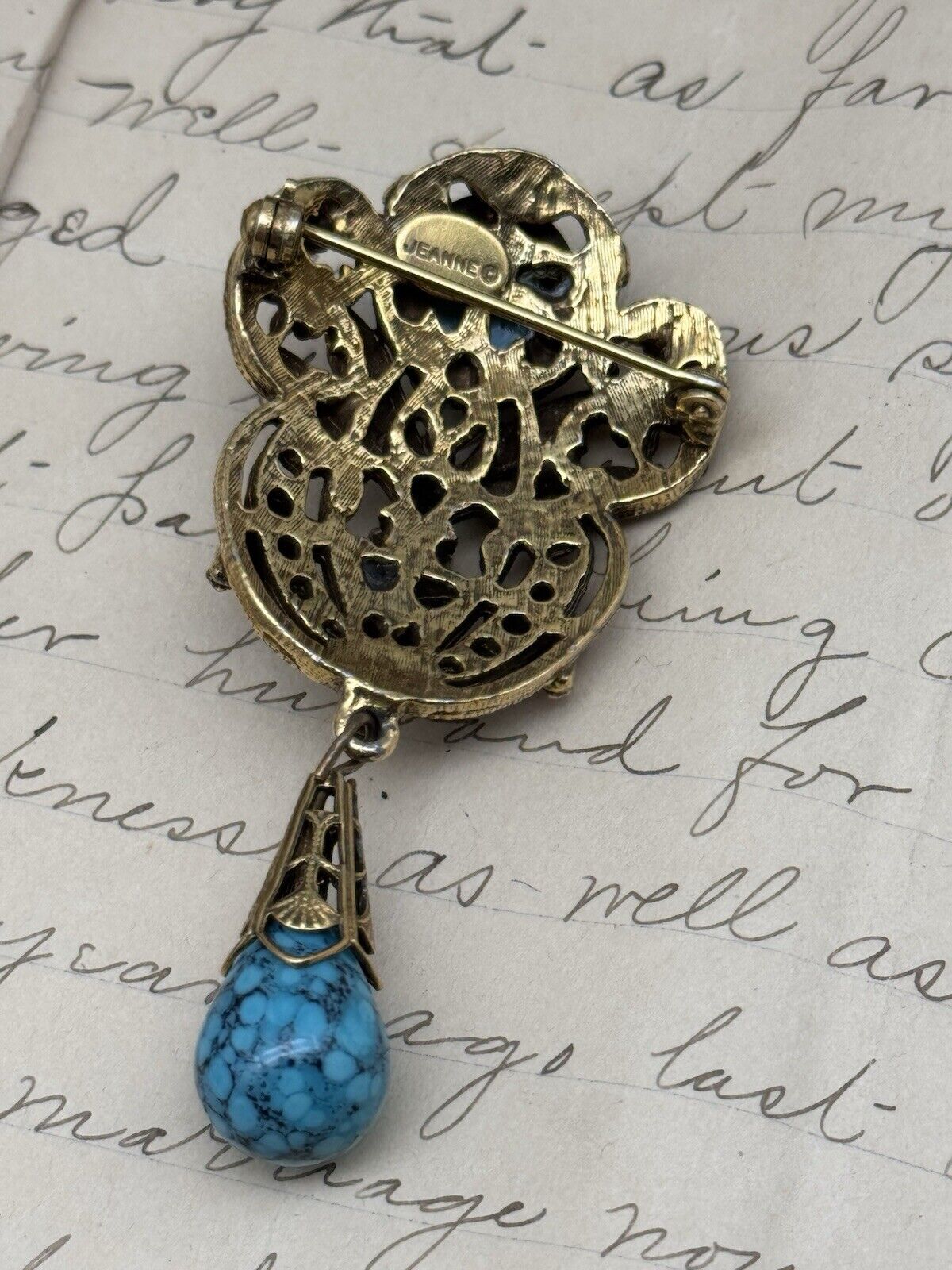 Vintage SIGNED Jeanne Dangler Brooch Faux Turquoise & Rhinestone Goldtone