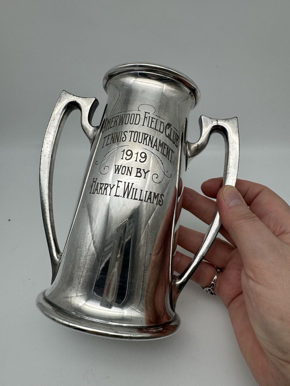 1919 ART NOUVEAUX Loving Cup Sherwood Field Club Tennis Tournament Trophy Silver Plate