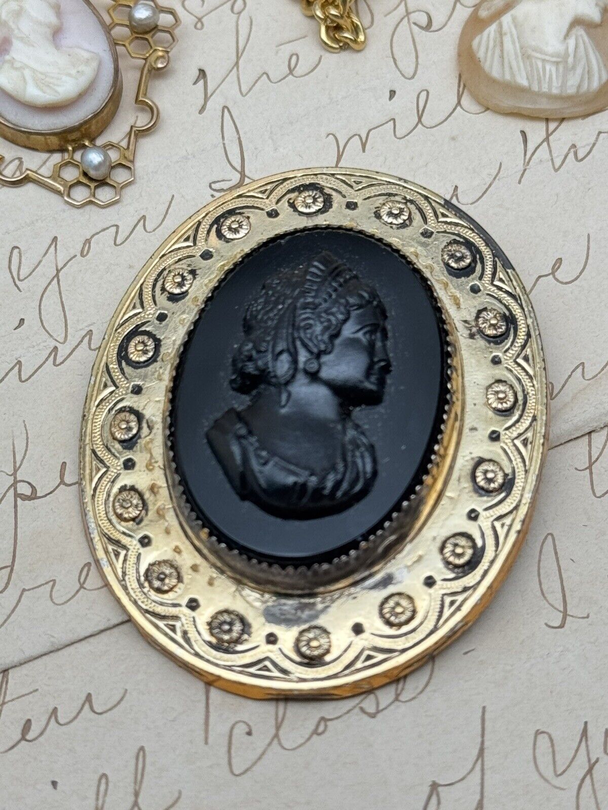 Vintage Cameo Brooch SIGNED Coro Black Goldtone Frame