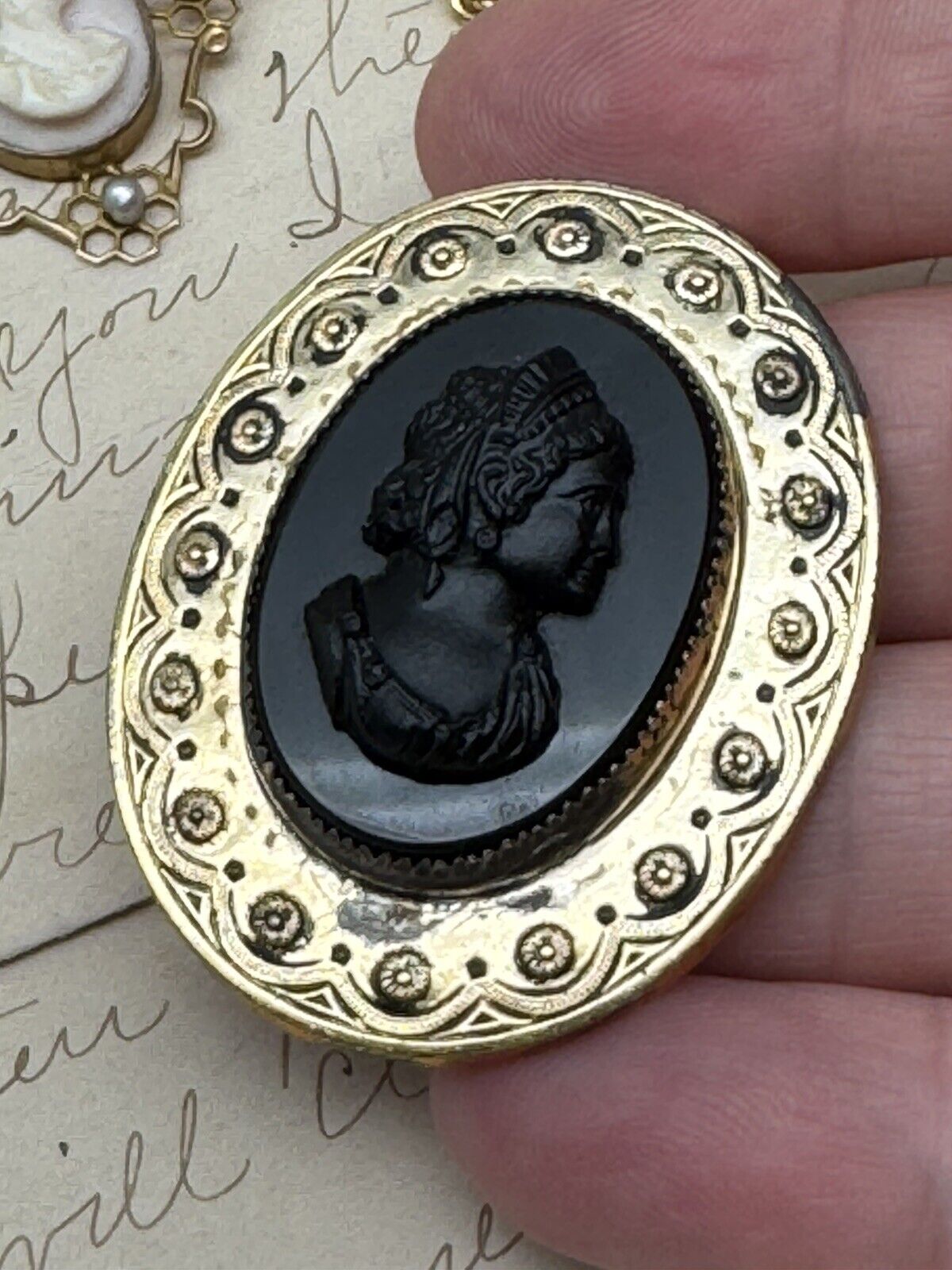 Vintage Cameo Brooch SIGNED Coro Black Goldtone Frame