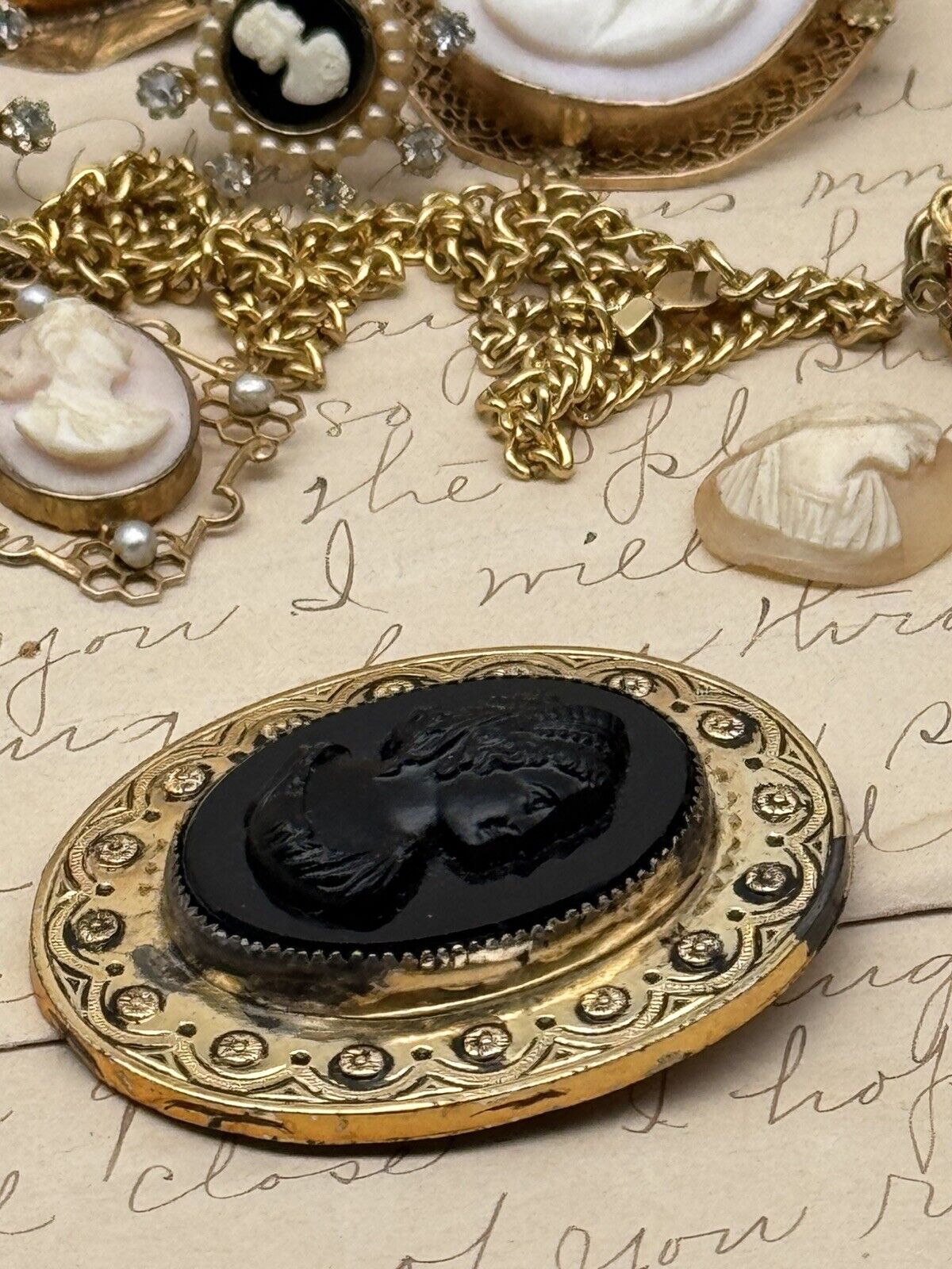 Vintage Cameo Brooch SIGNED Coro Black Goldtone Frame