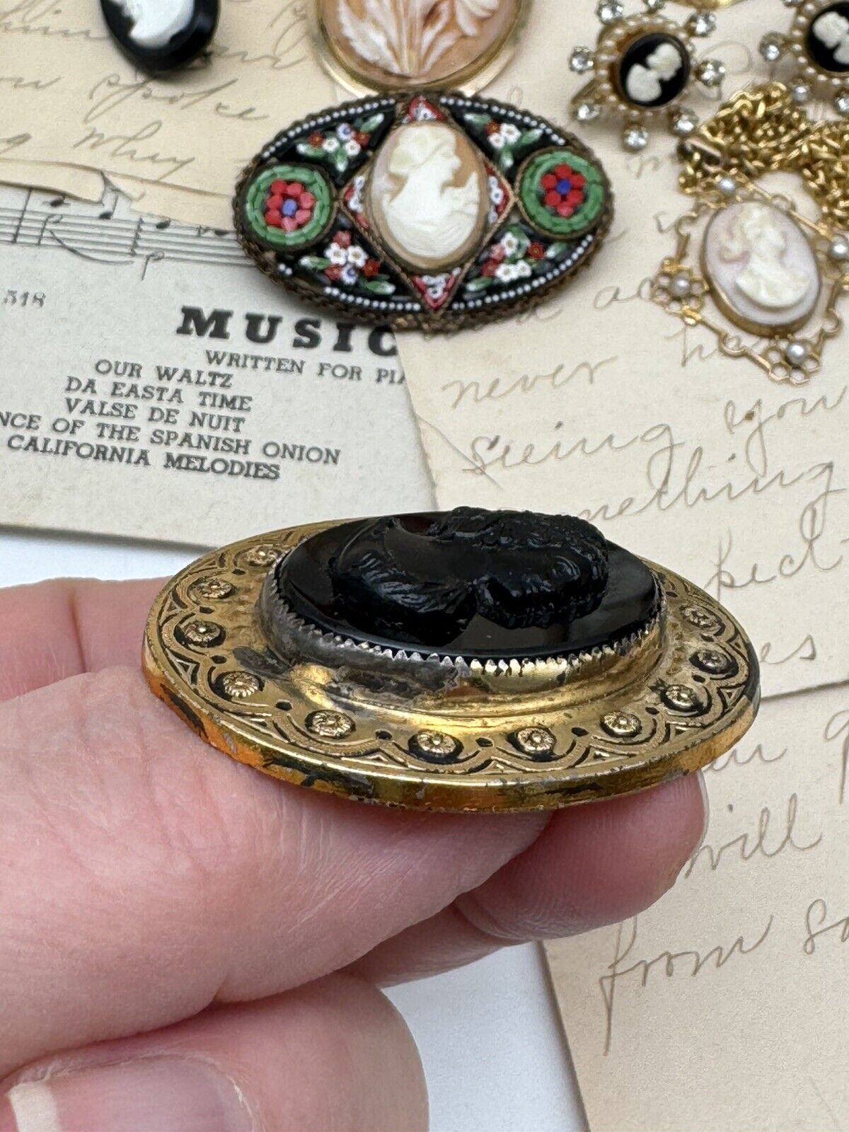 Vintage Cameo Brooch SIGNED Coro Black Goldtone Frame