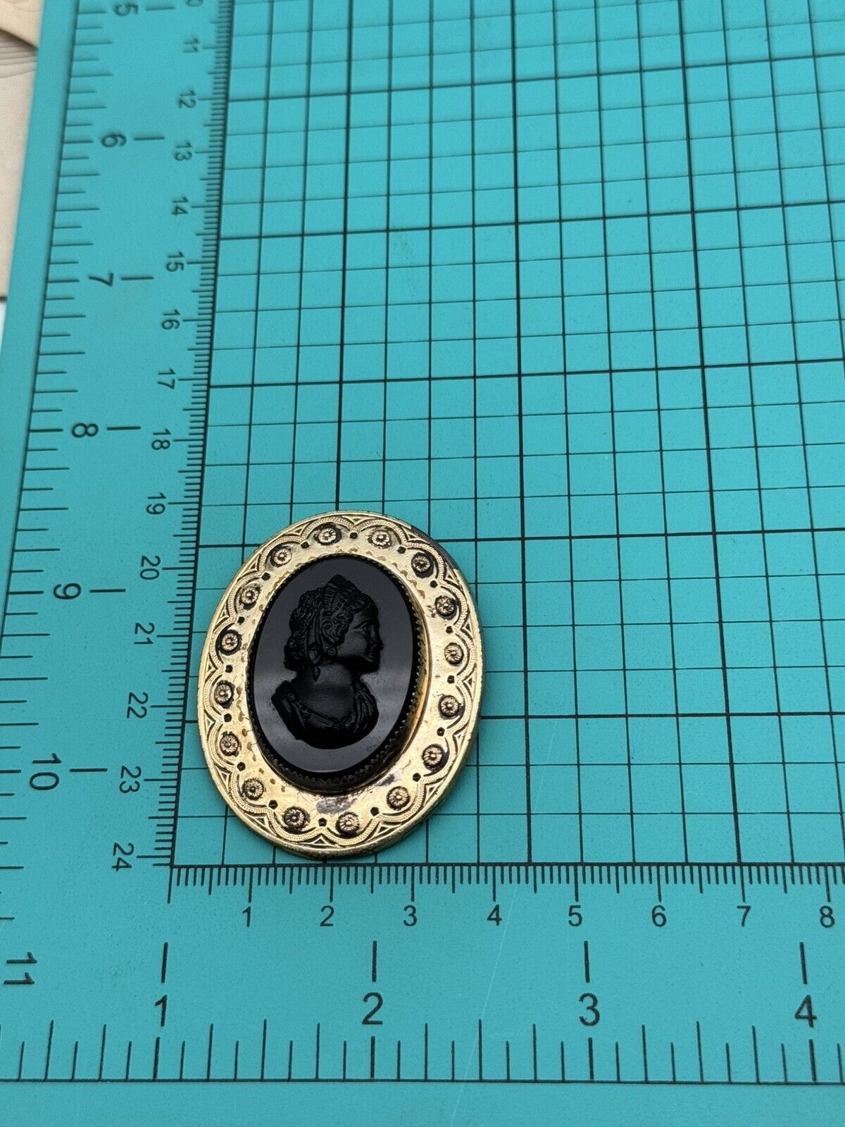 Vintage Cameo Brooch SIGNED Coro Black Goldtone Frame