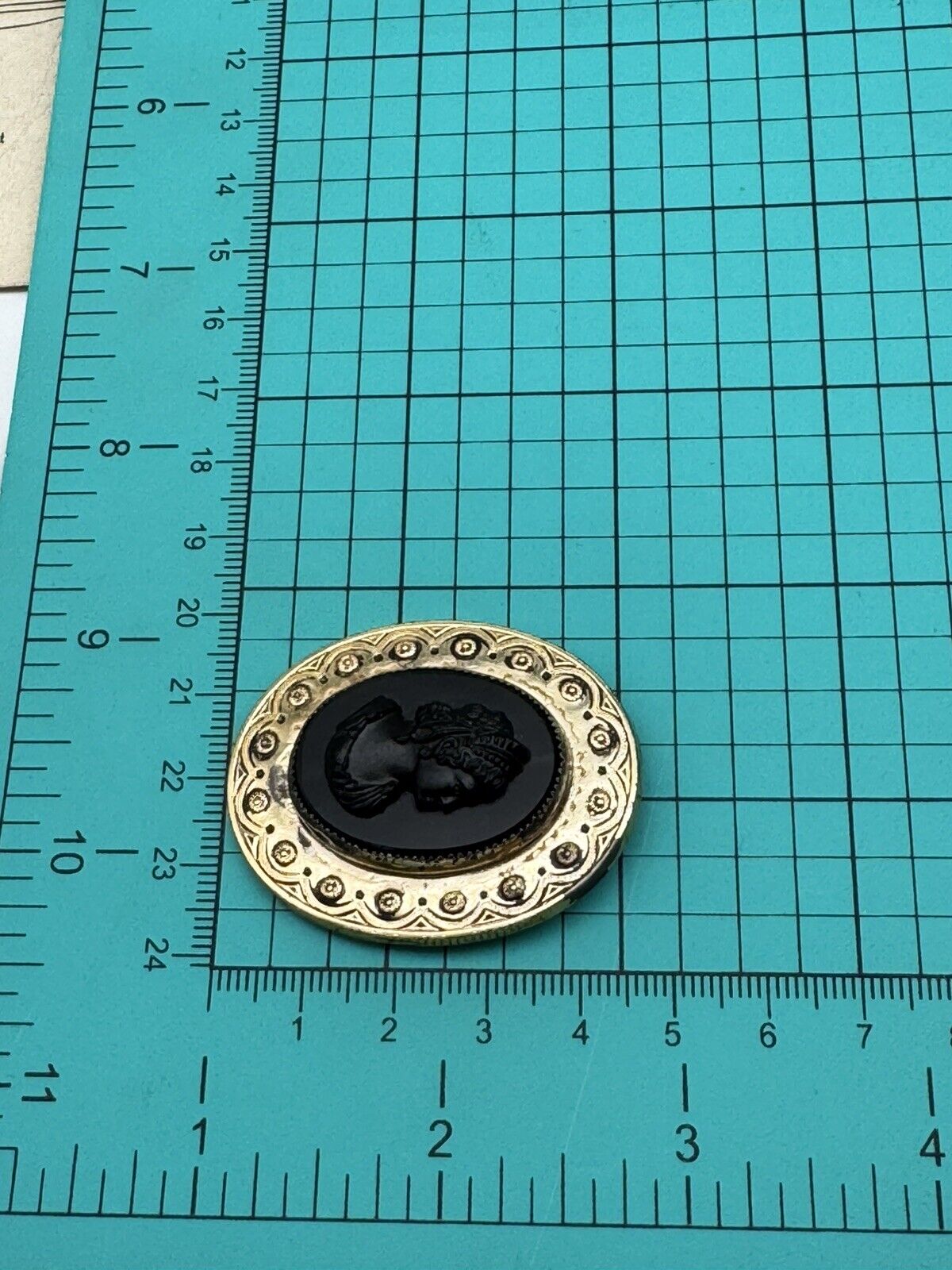 Vintage Cameo Brooch SIGNED Coro Black Goldtone Frame