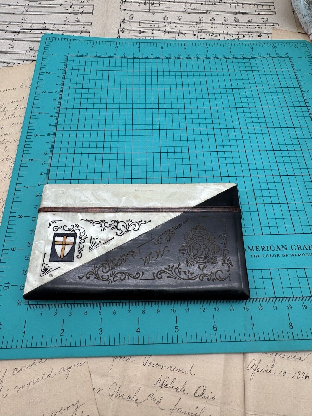 Vintage British Military Wooden Cigarette Case Faux MOP MONOGRAM AS IS‼️