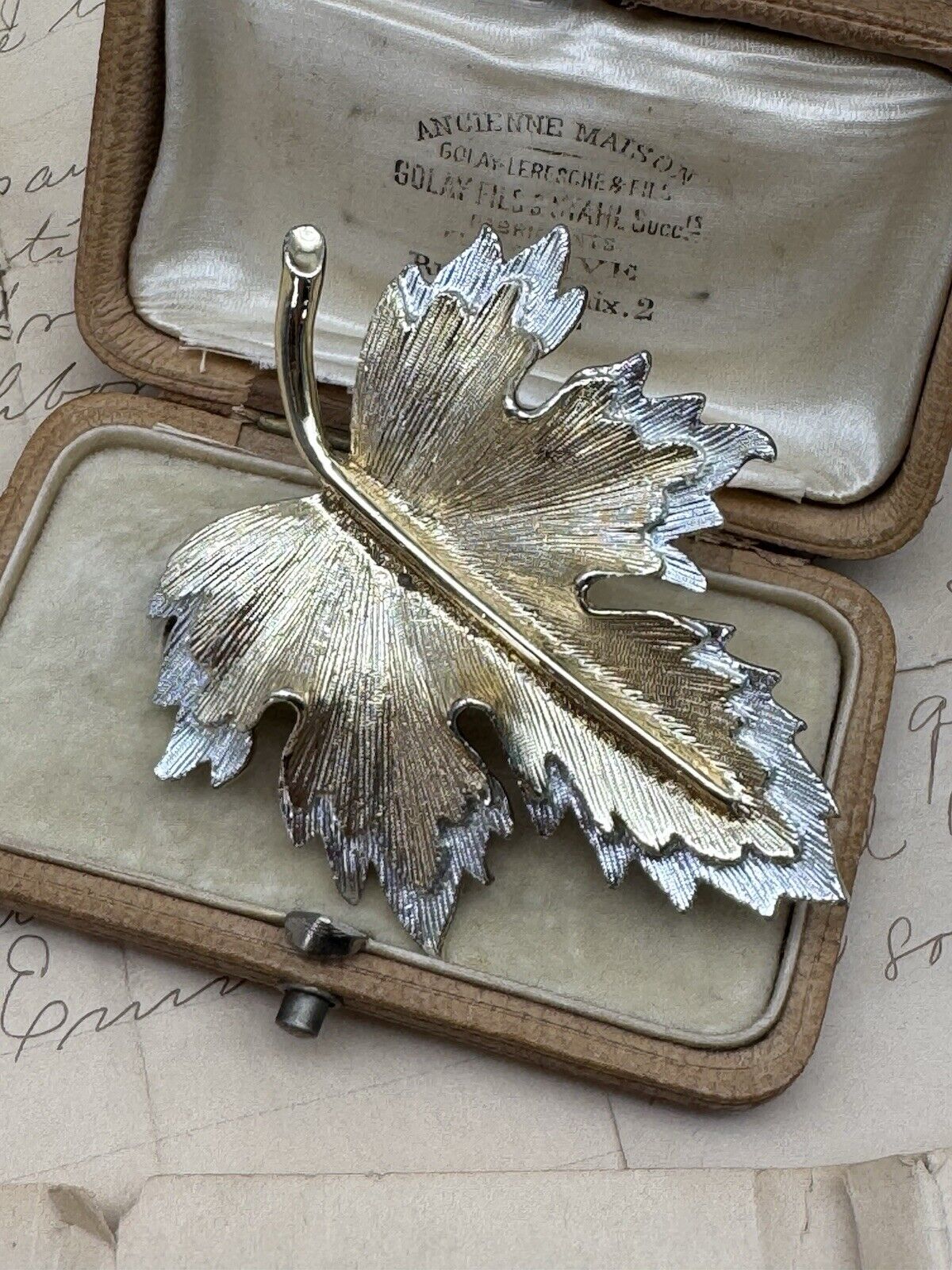 Vintage SARAH COVENTRY Textured Silver-Goldtone LEAF PIN BROOCH