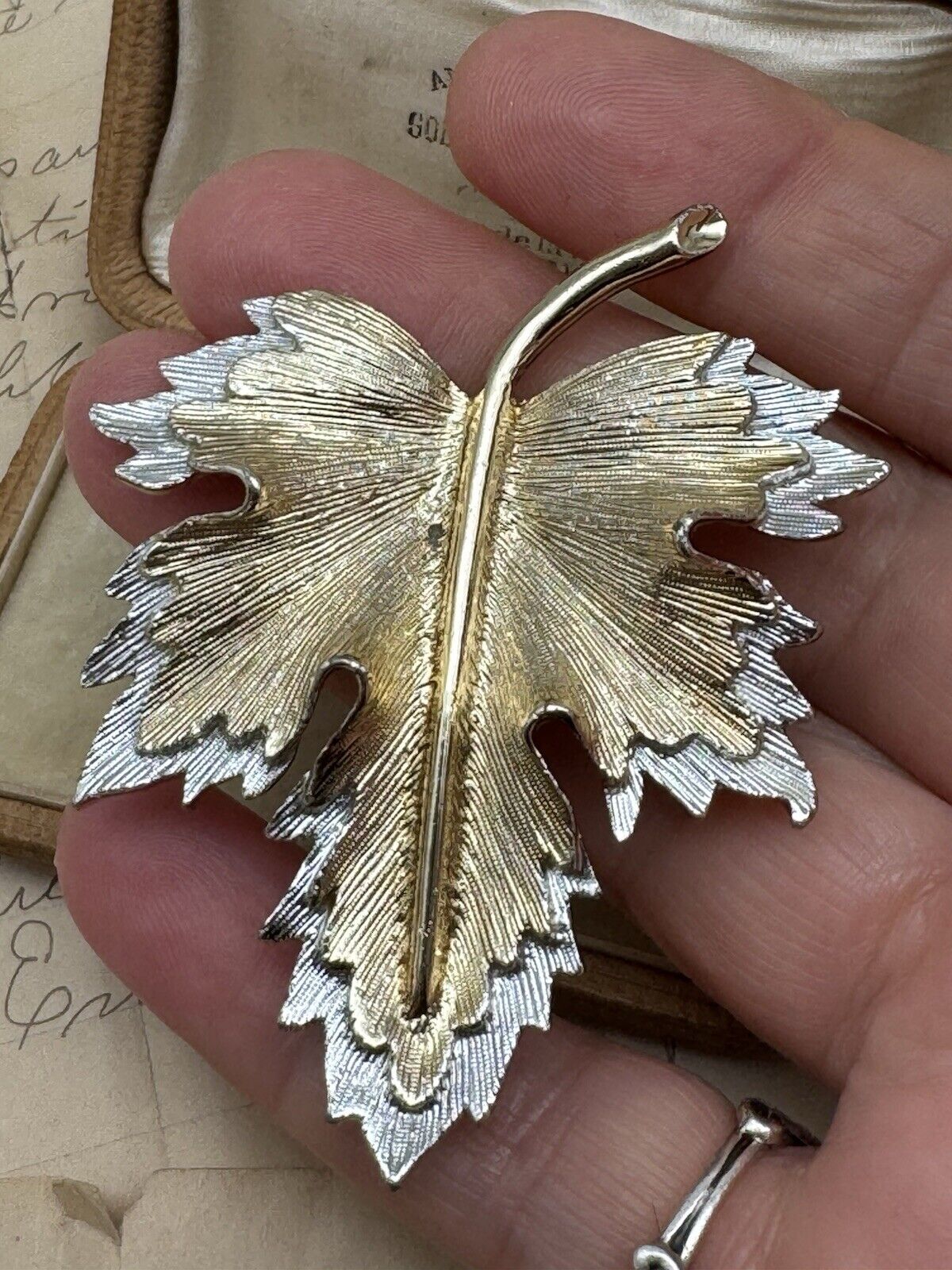 Vintage SARAH COVENTRY Textured Silver-Goldtone LEAF PIN BROOCH