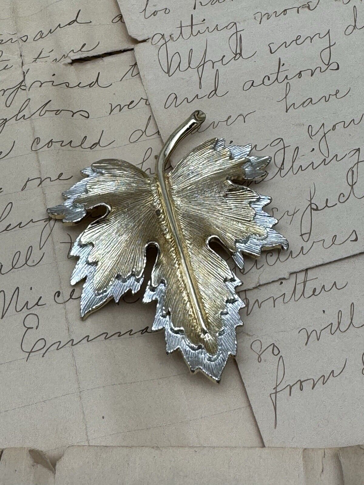 Vintage SARAH COVENTRY Textured Silver-Goldtone LEAF PIN BROOCH