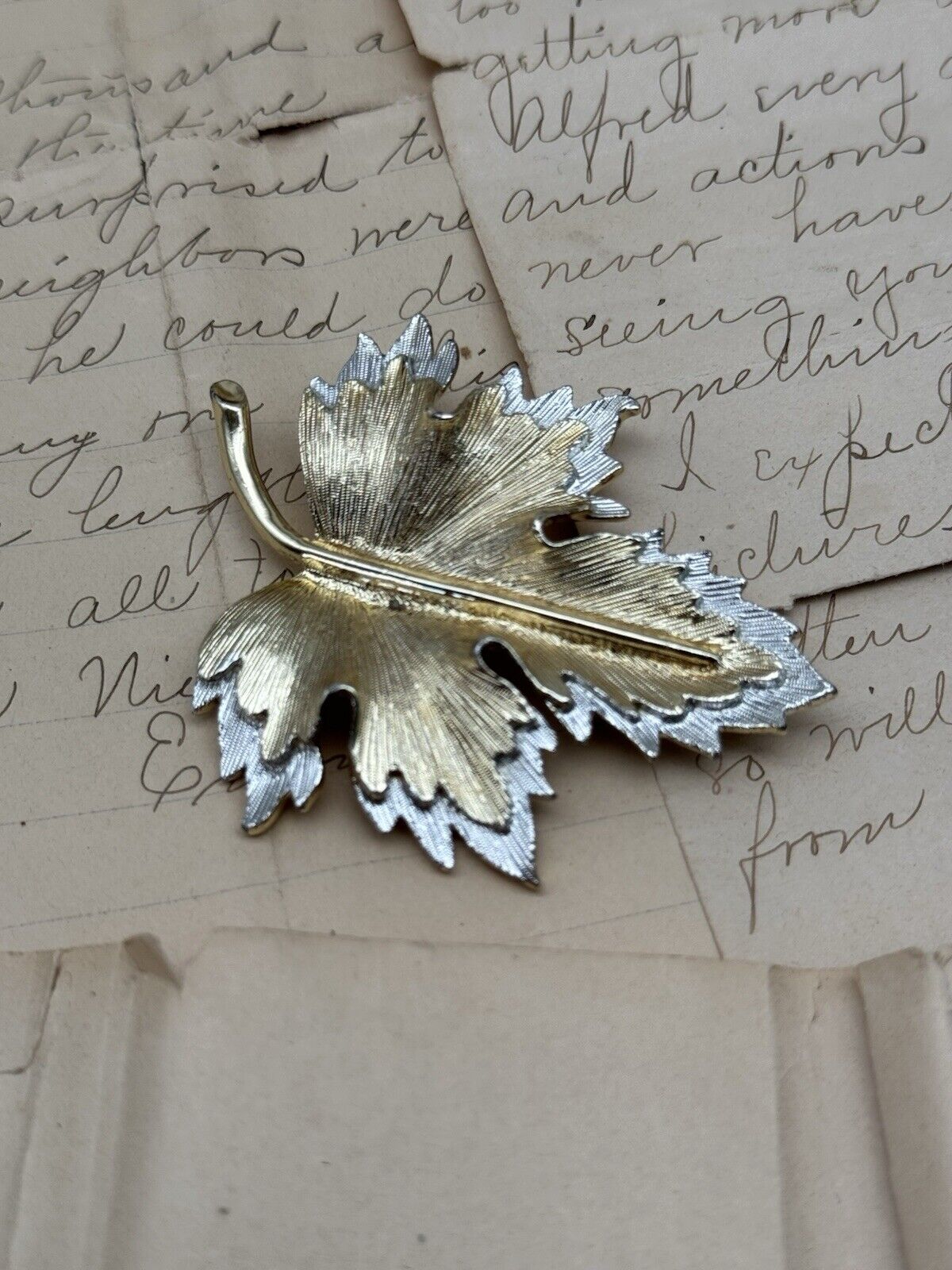 Vintage SARAH COVENTRY Textured Silver-Goldtone LEAF PIN BROOCH