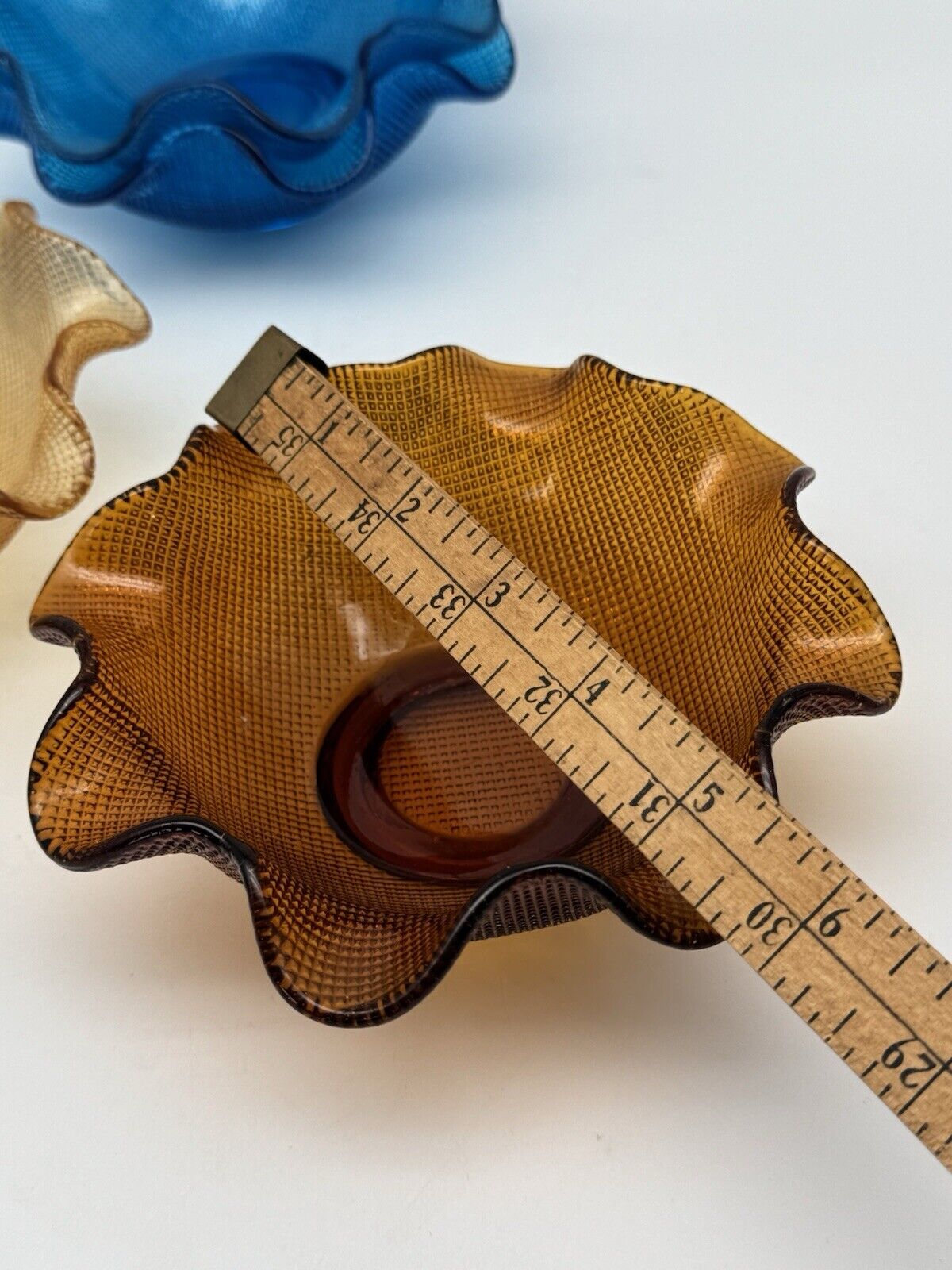 4 Vintage Glass Bowls Italian Style Ruffled Waffle Iridescent Blue Honey Amber