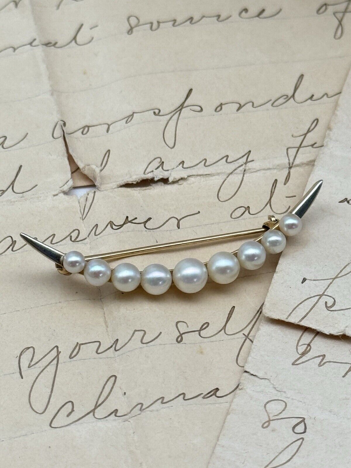 Vintage 14k Gold Pearl Crescent Moon Brooch Graduated 9 Pearls