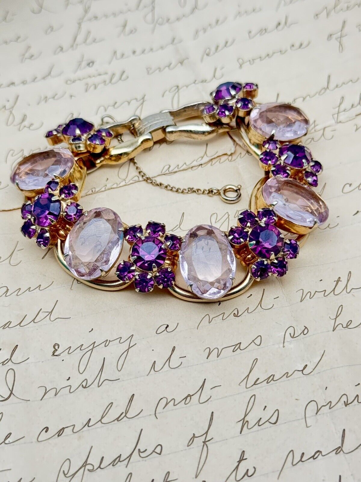 VTG Juliana Bracelet 5 Link Purple Pink Rhinestone Flower Verified #1310