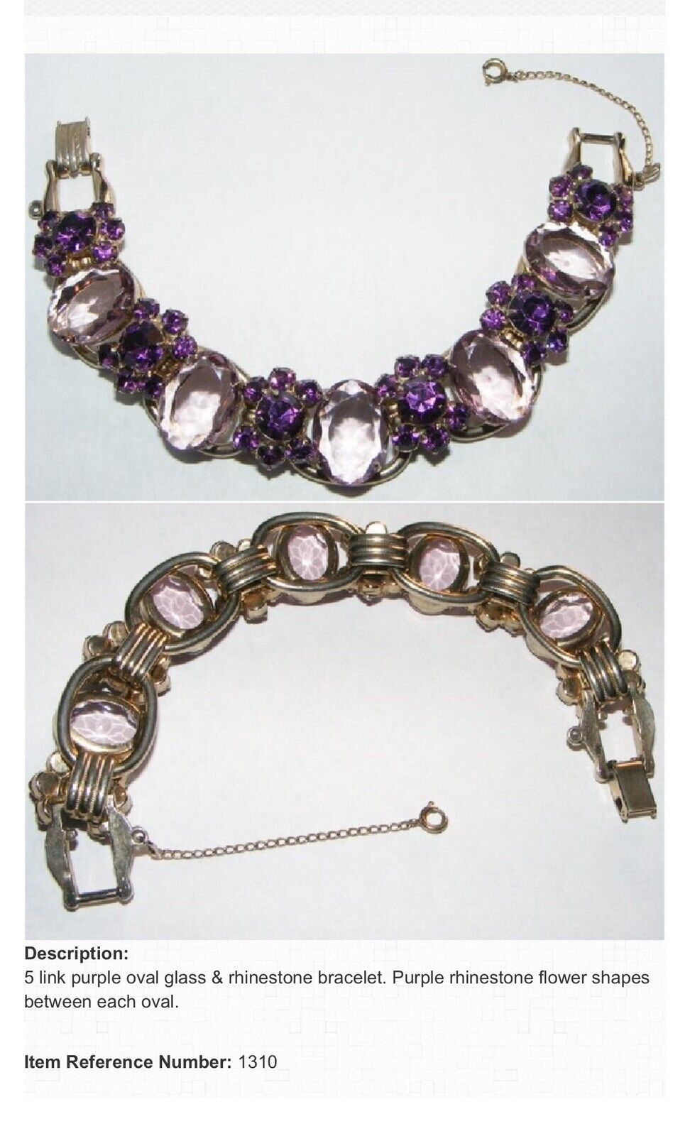 VTG Juliana Bracelet 5 Link Purple Pink Rhinestone Flower Verified #1310