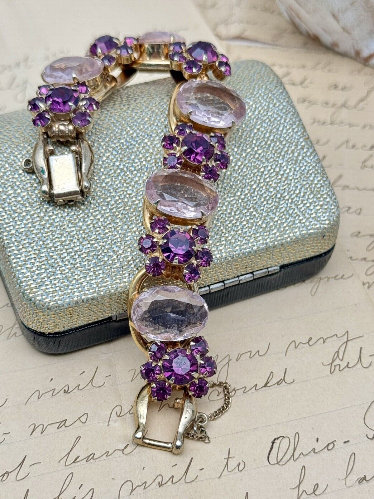 VTG Juliana Bracelet 5 Link Purple Pink Rhinestone Flower Verified #1310